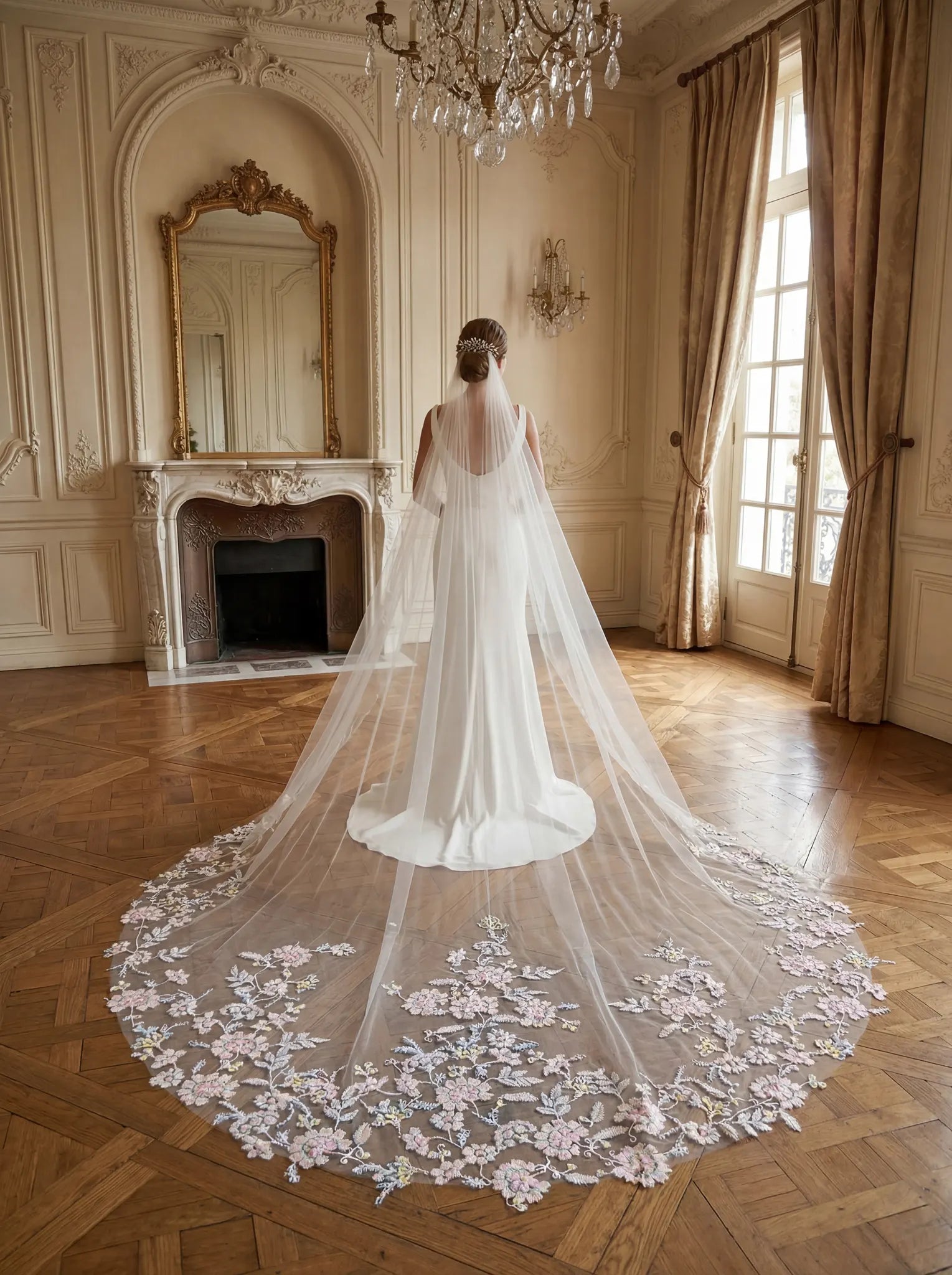 Ethereal Pastel Floral Sequin Cathedral Bridal Veil
