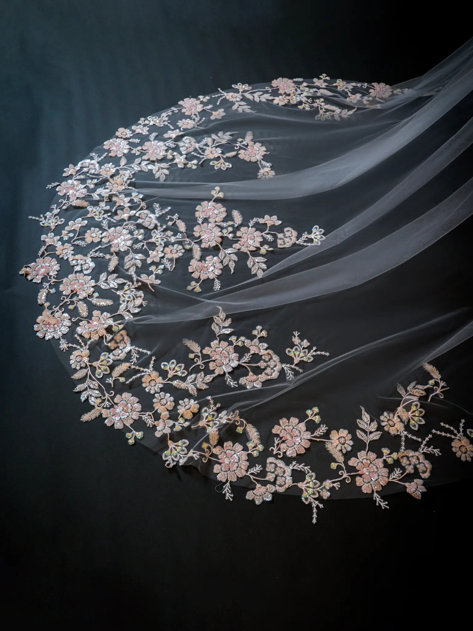 Ethereal Pastel Floral Sequin Cathedral Bridal Veil
