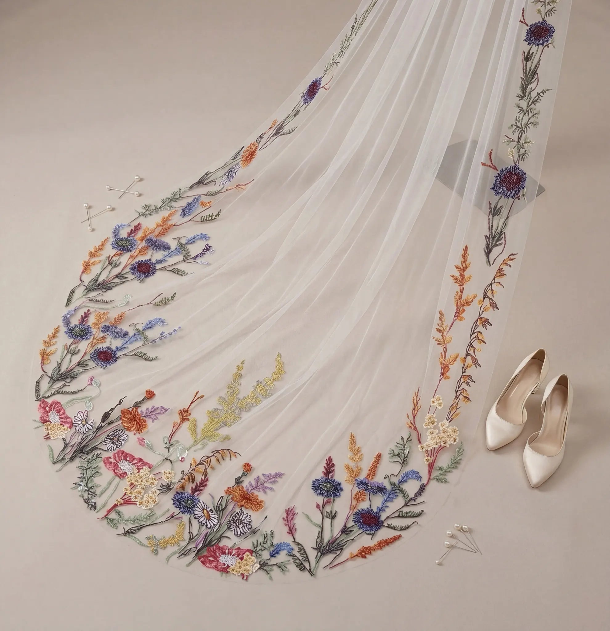 Vibrant Wildflower Embroidered Cathedral Bridal Veil