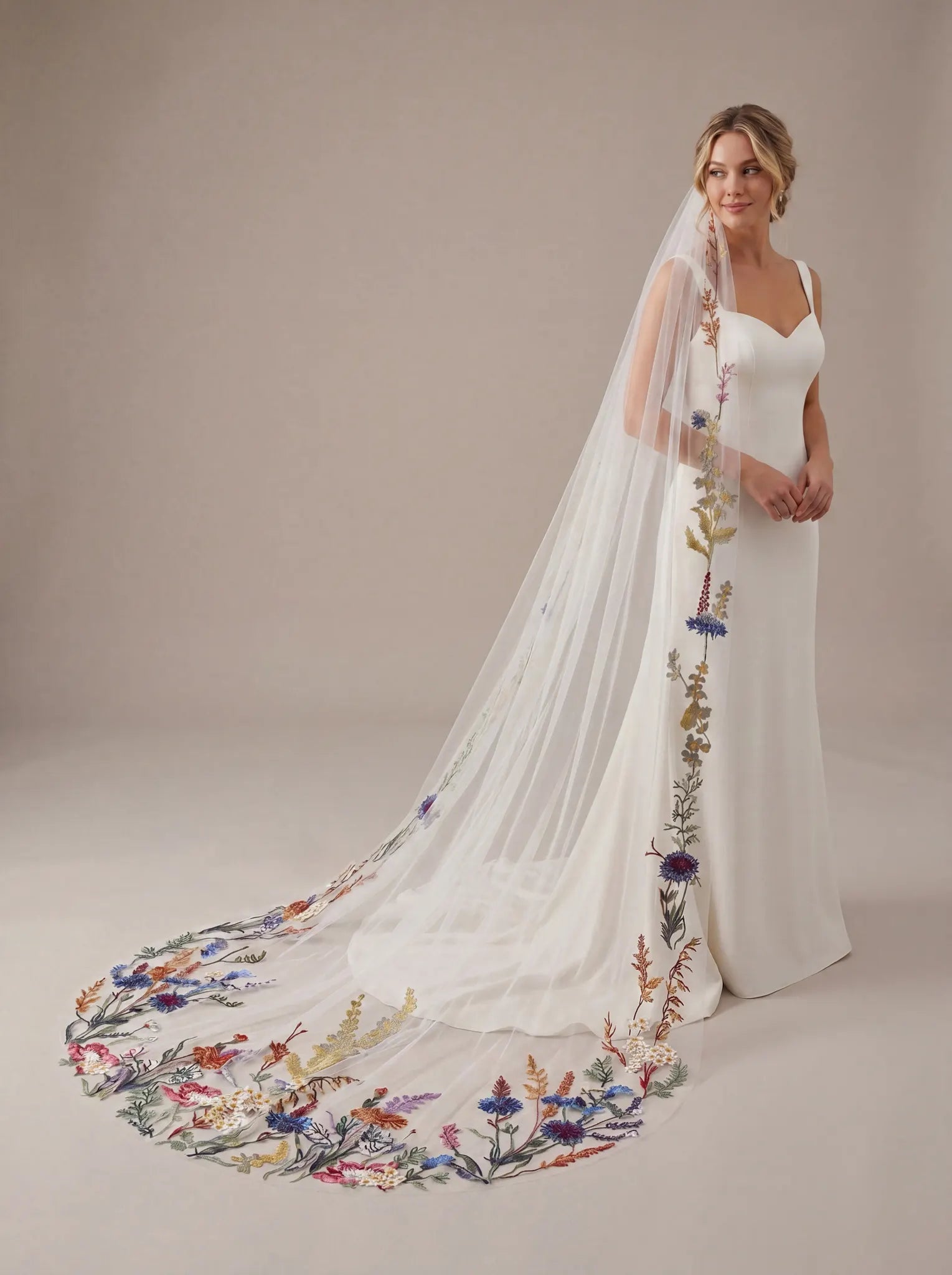 Vibrant Wildflower Embroidered Cathedral Bridal Veil