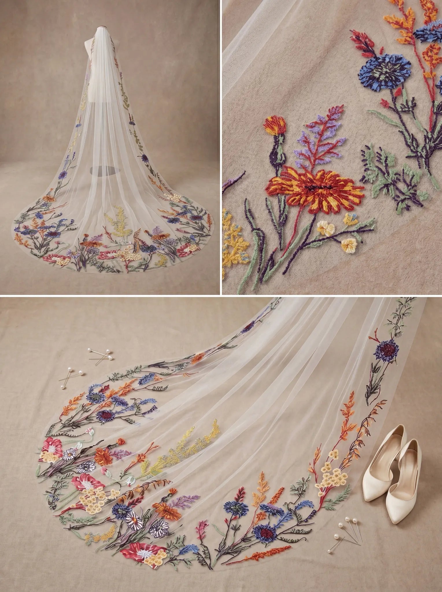 Vibrant Wildflower Embroidered Cathedral Bridal Veil