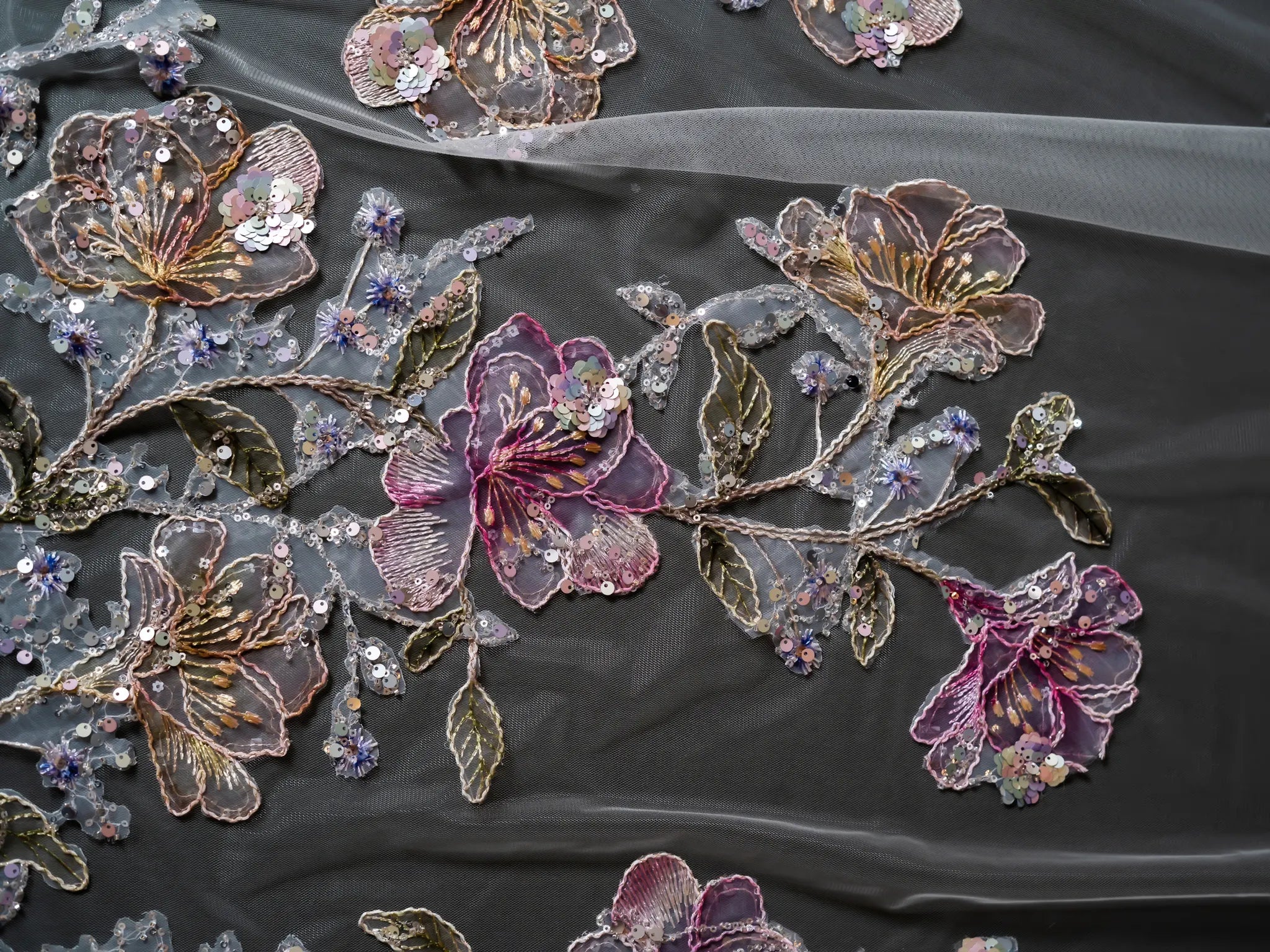 Luxury Mauve & Gold 3D Floral Appliqué Cathedral Bridal Veil