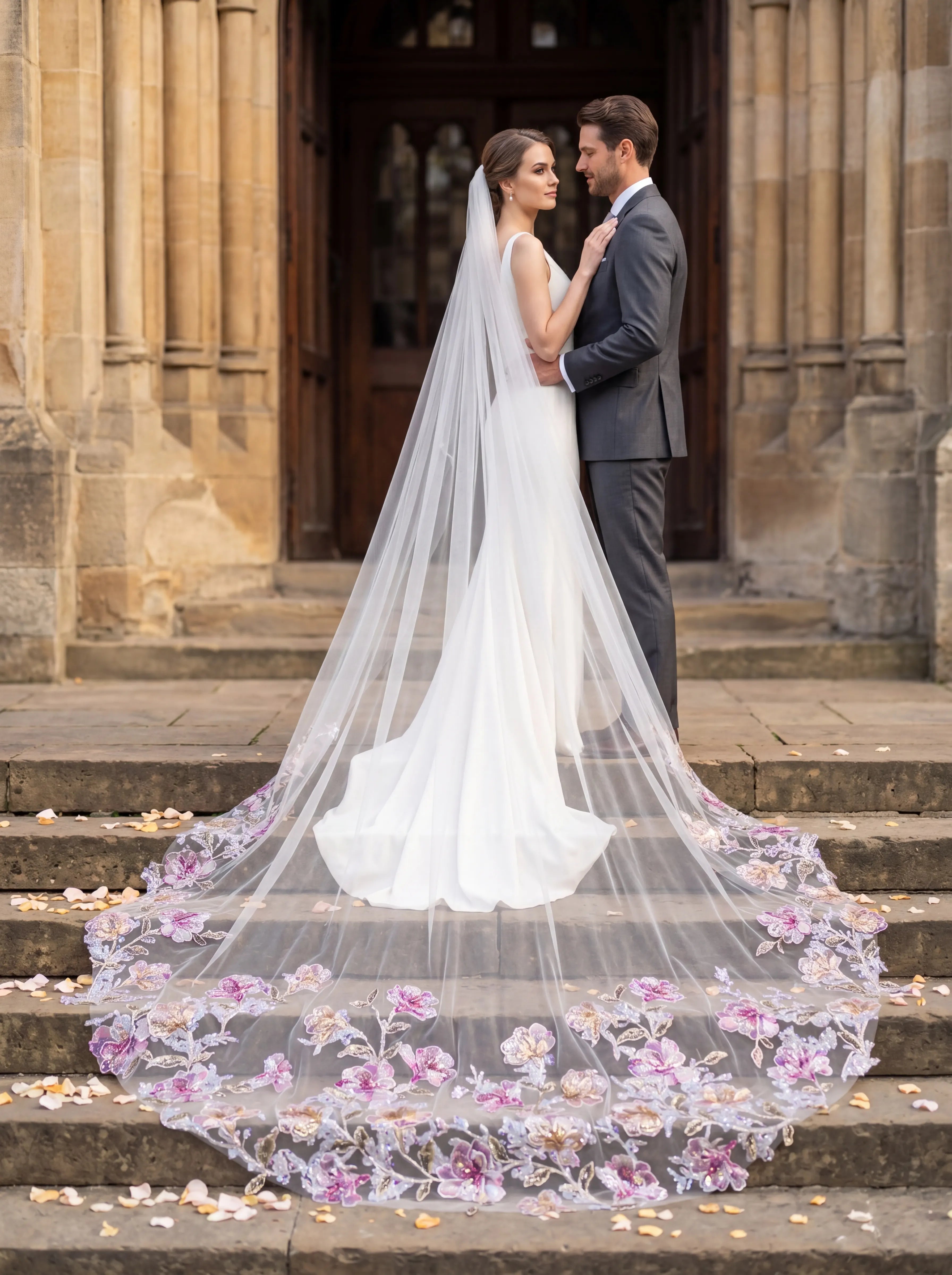 Luxury Mauve & Gold 3D Floral Appliqué Cathedral Bridal Veil