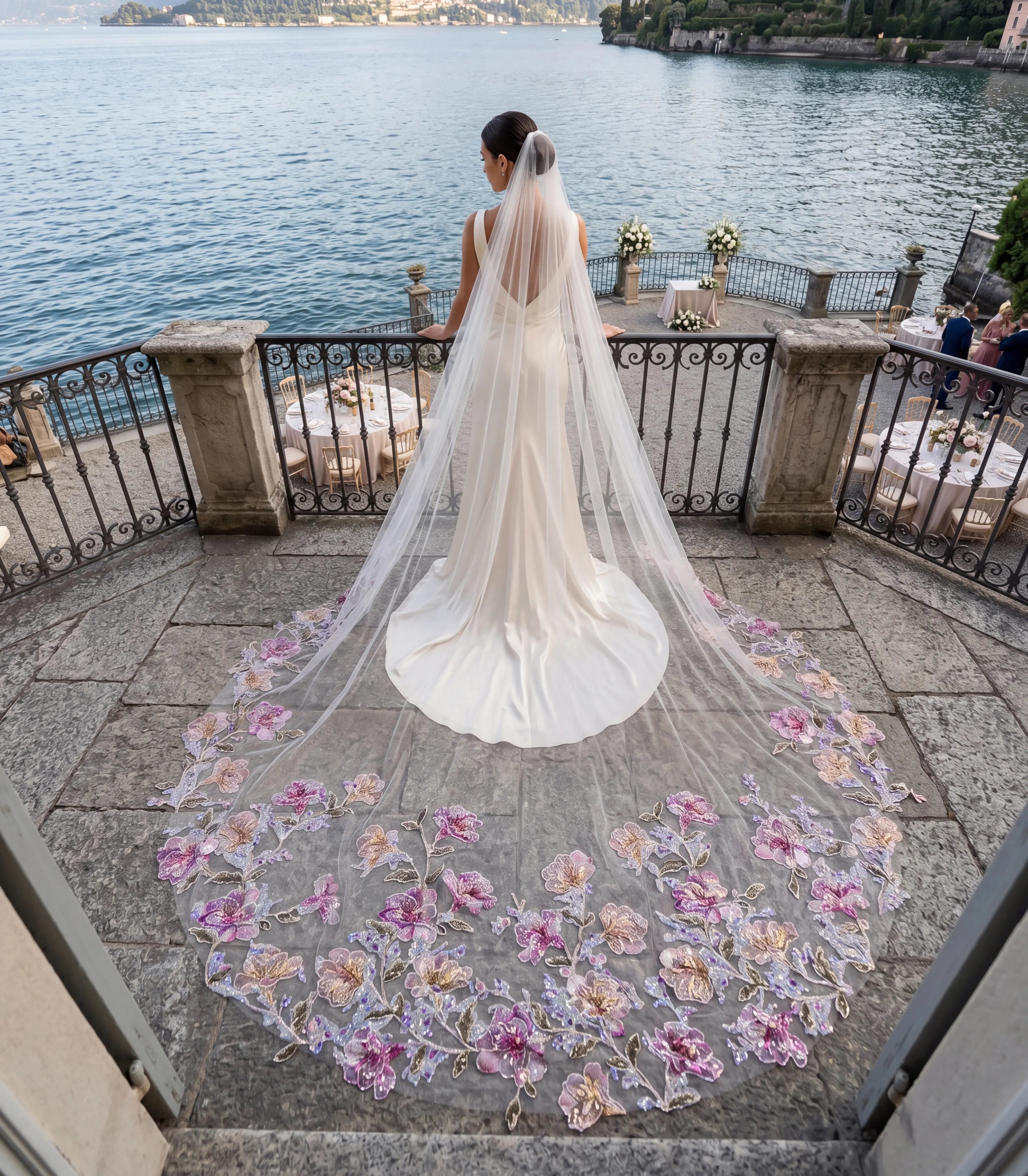 Luxury Mauve & Gold 3D Floral Appliqué Cathedral Bridal Veil