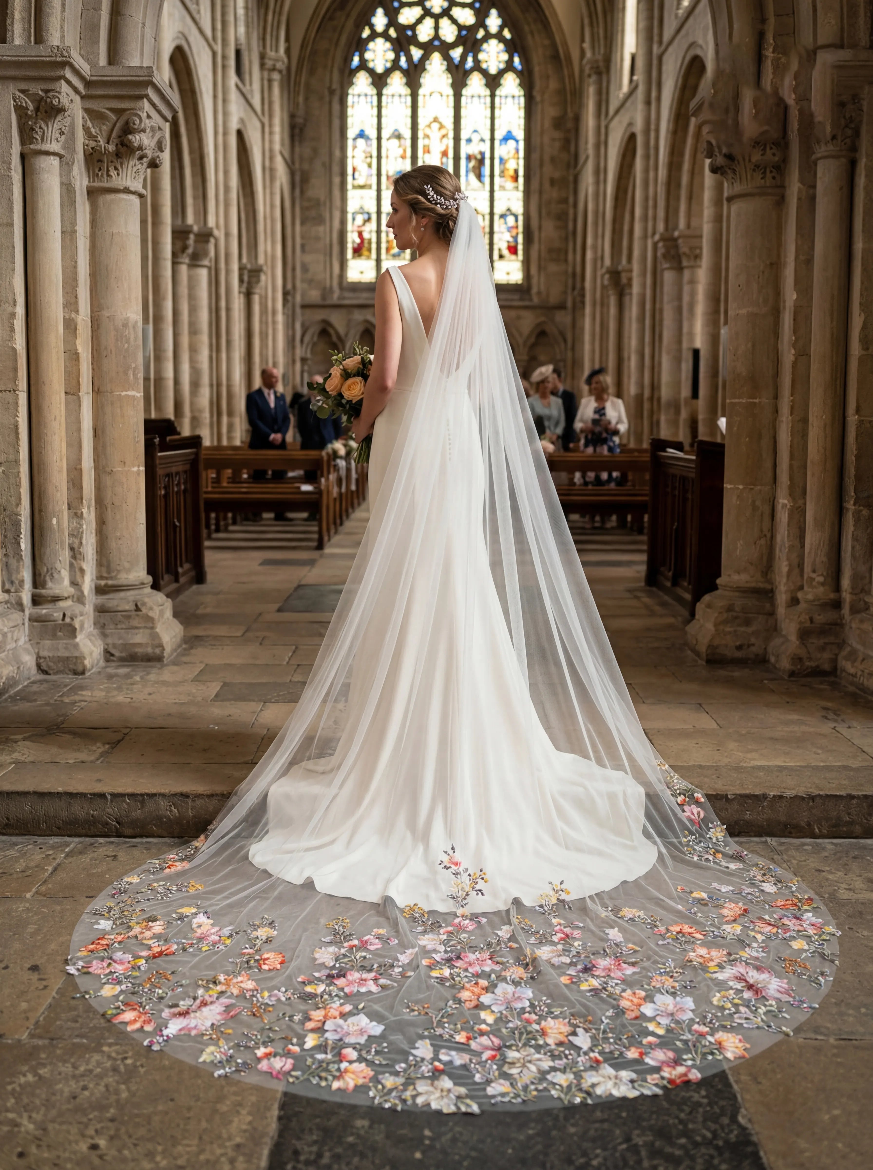 Sunset Bloom Climbing Floral Embroidered Cathedral Veil