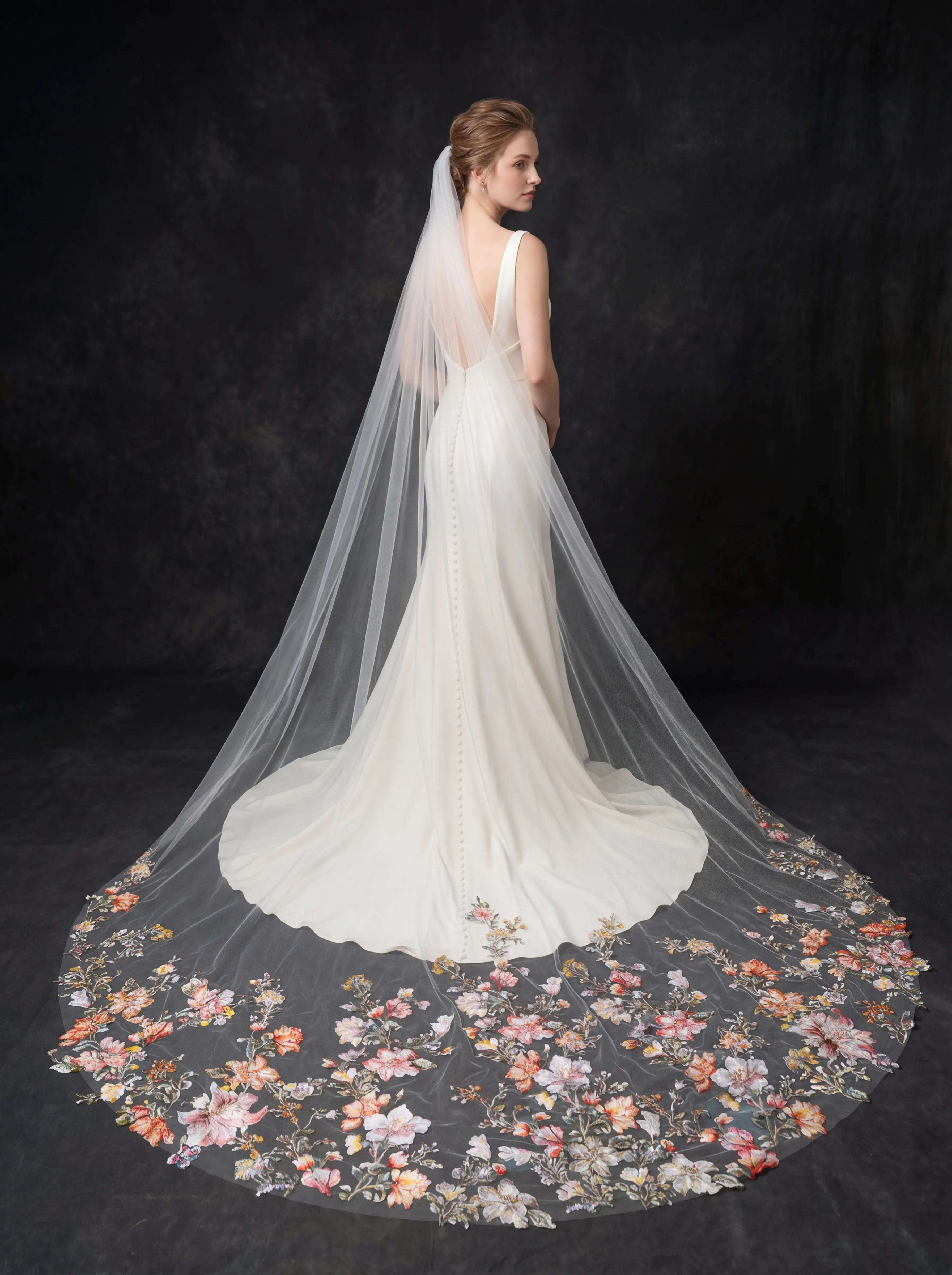 Sunset Bloom Climbing Floral Embroidered Cathedral Veil