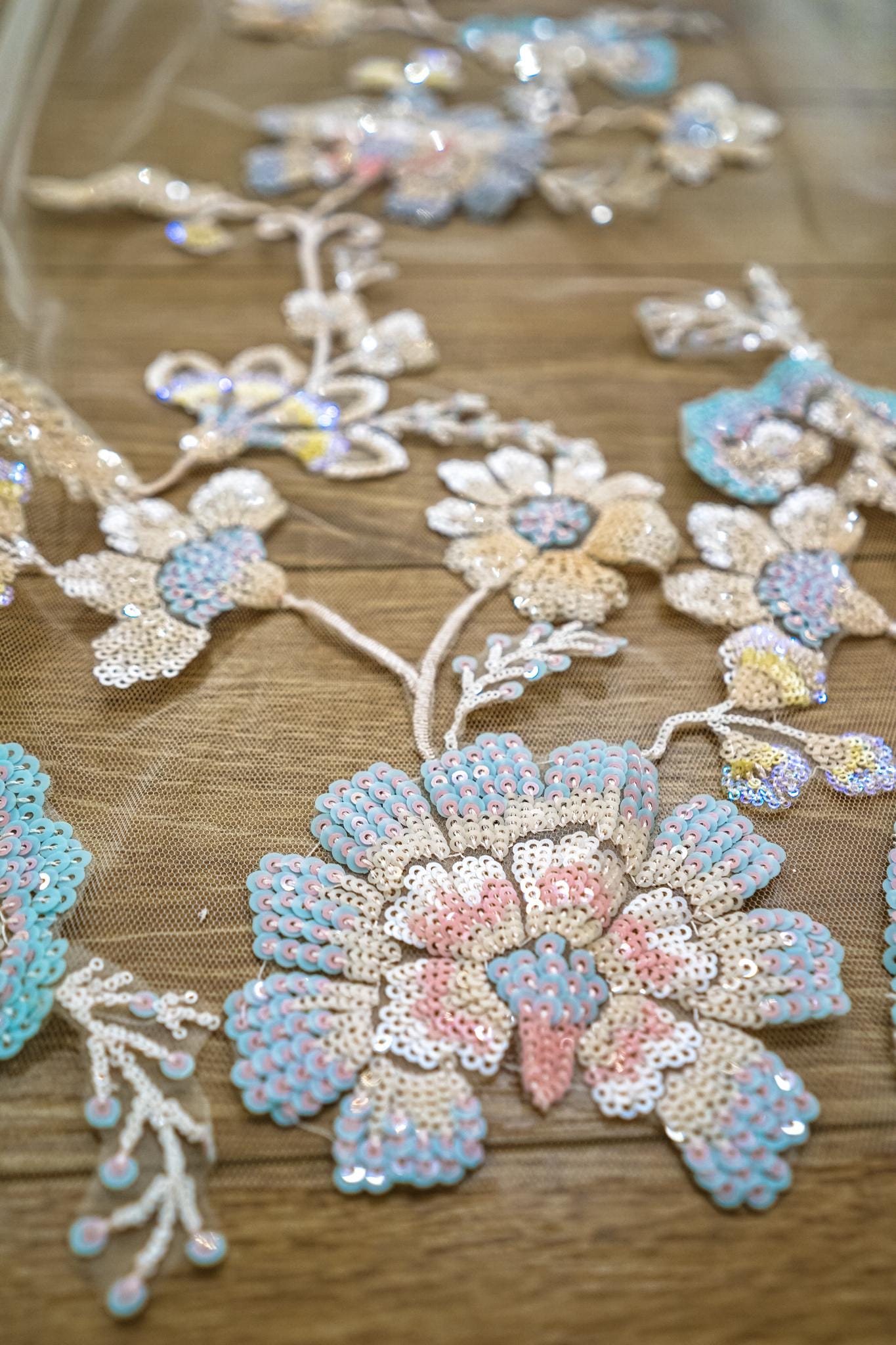 Colorful Botanical Embroidered Veil with Iridescent Sequins