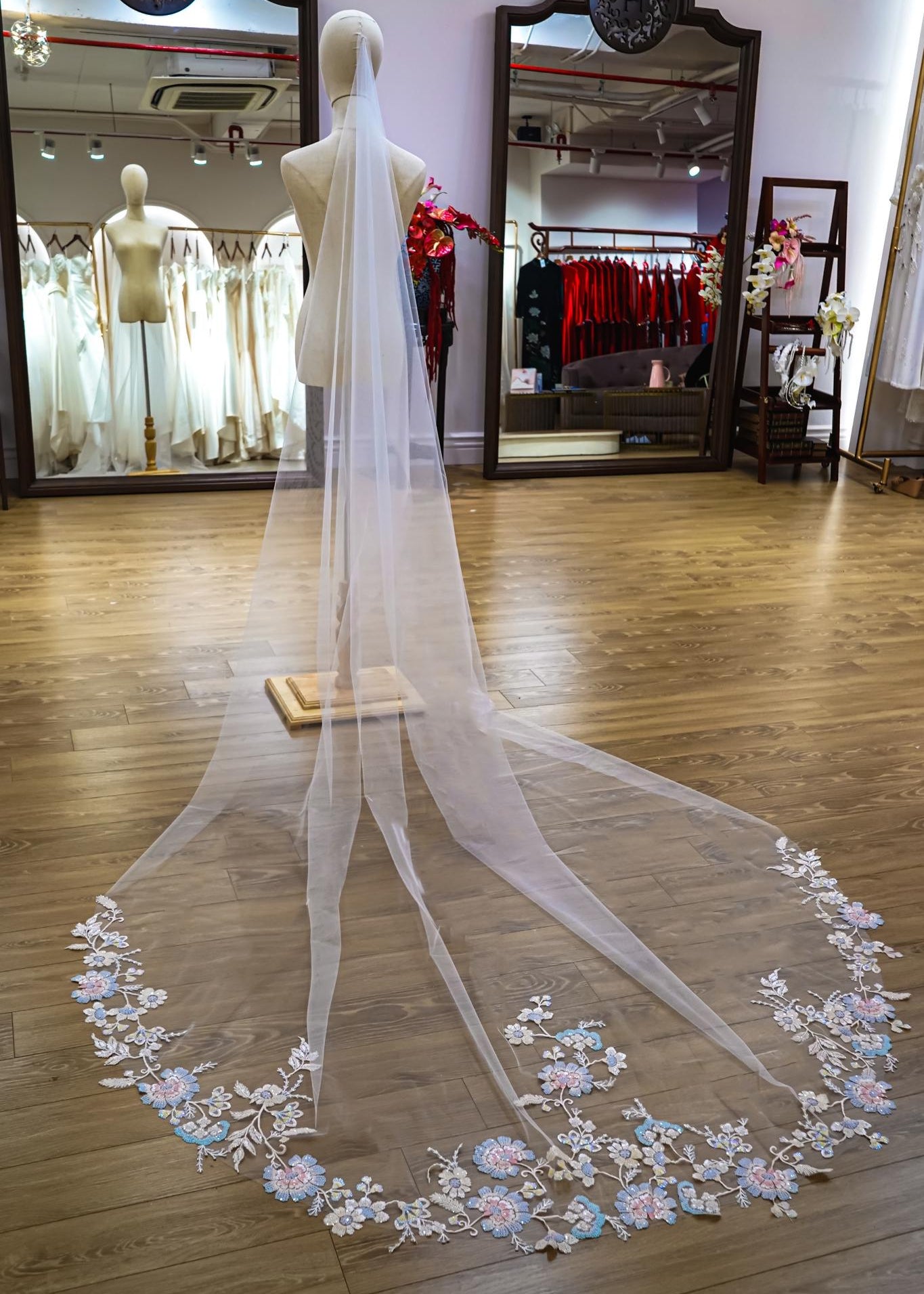 Colorful Botanical Embroidered Veil with Iridescent Sequins