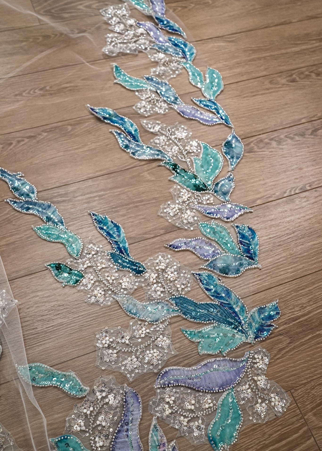 Ocean Blue Floral Sequin Wedding Veil – Teal & Silver Cathedral