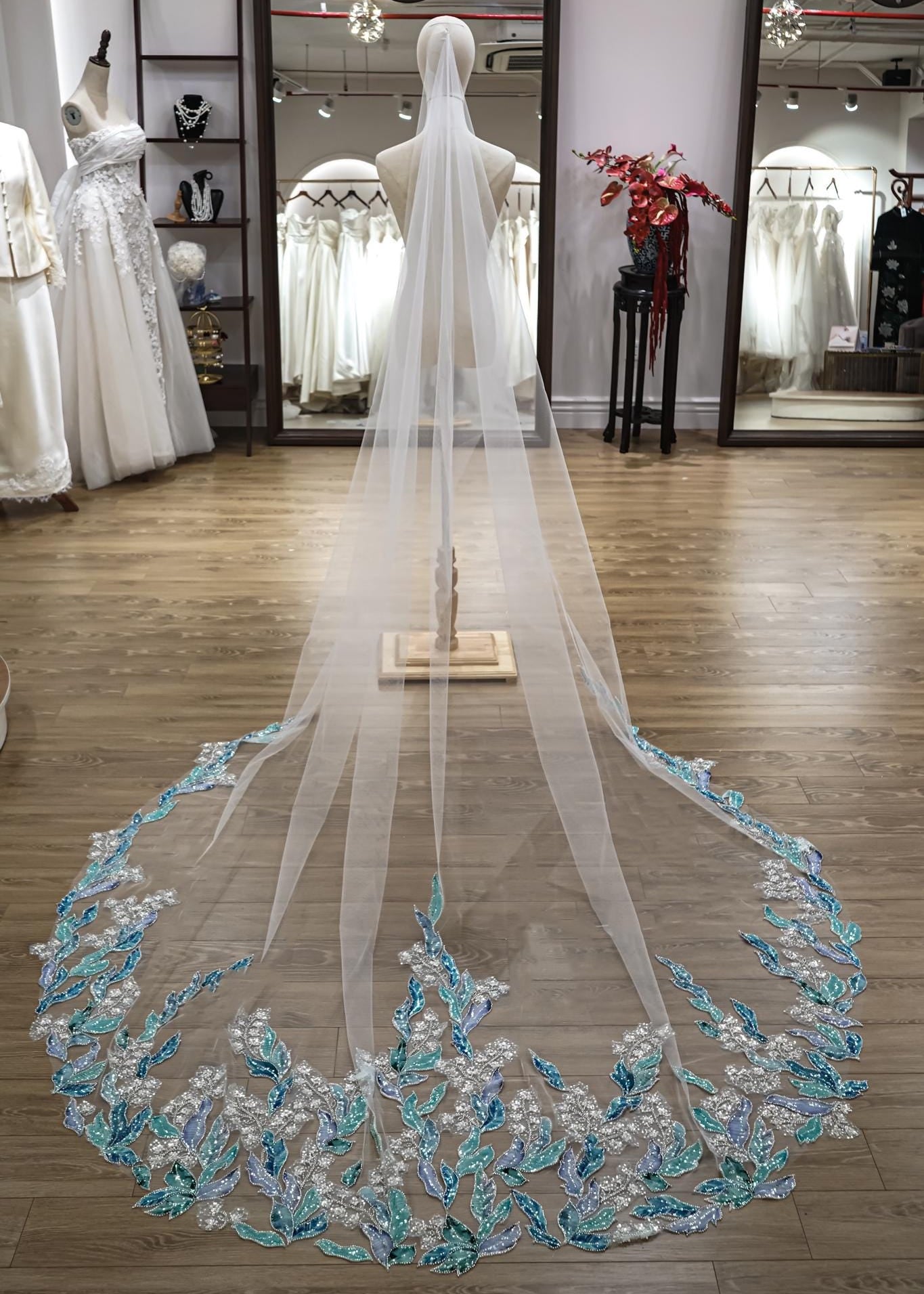Ocean Blue Floral Sequin Wedding Veil – Teal & Silver Cathedral