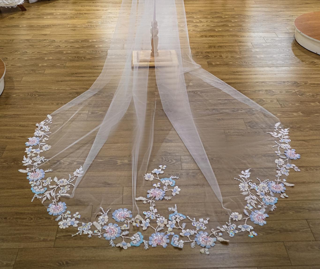 Colorful Botanical Embroidered Veil with Iridescent Sequins