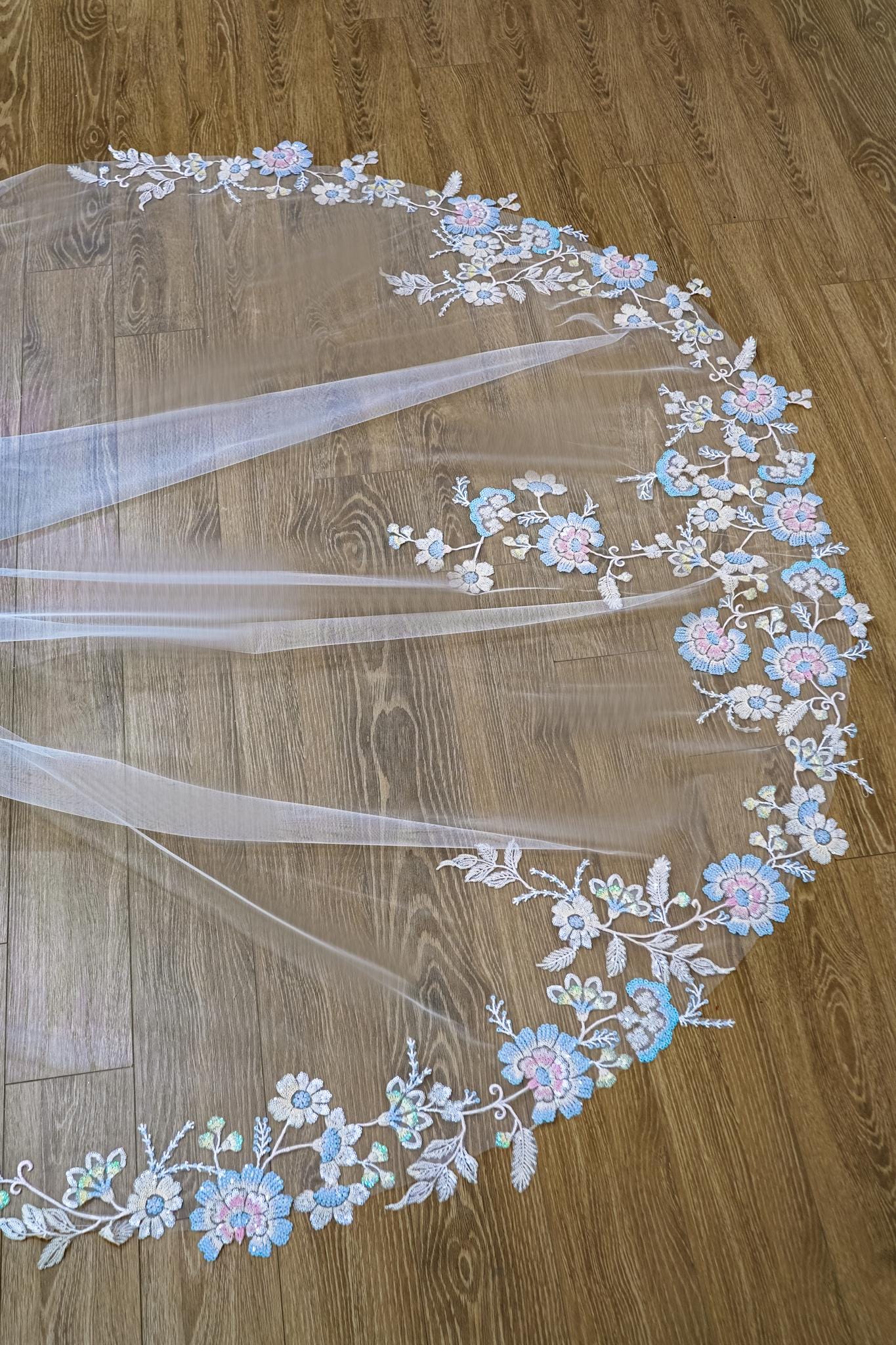 Colorful Botanical Embroidered Veil with Iridescent Sequins