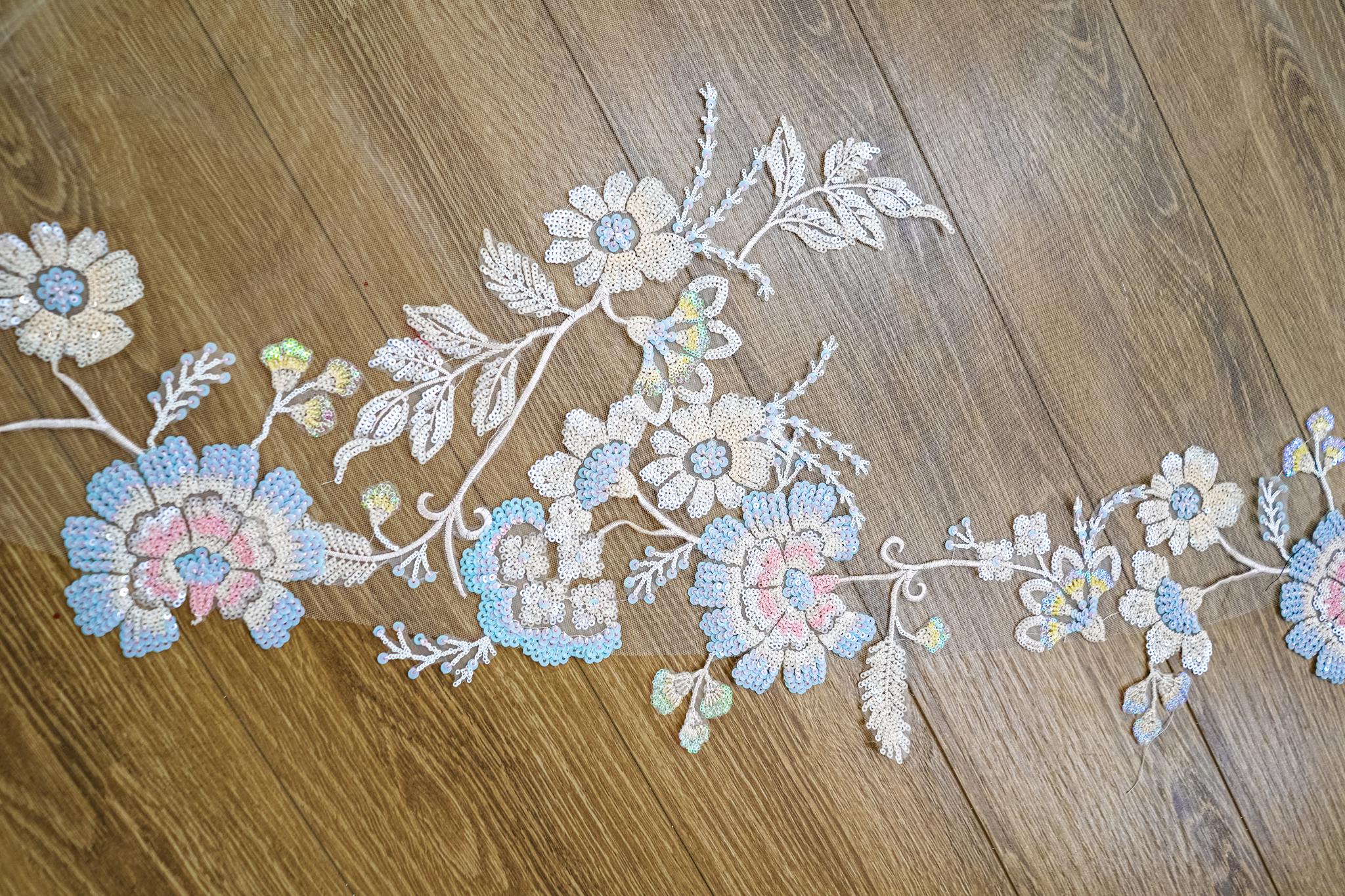Colorful Botanical Embroidered Veil with Iridescent Sequins