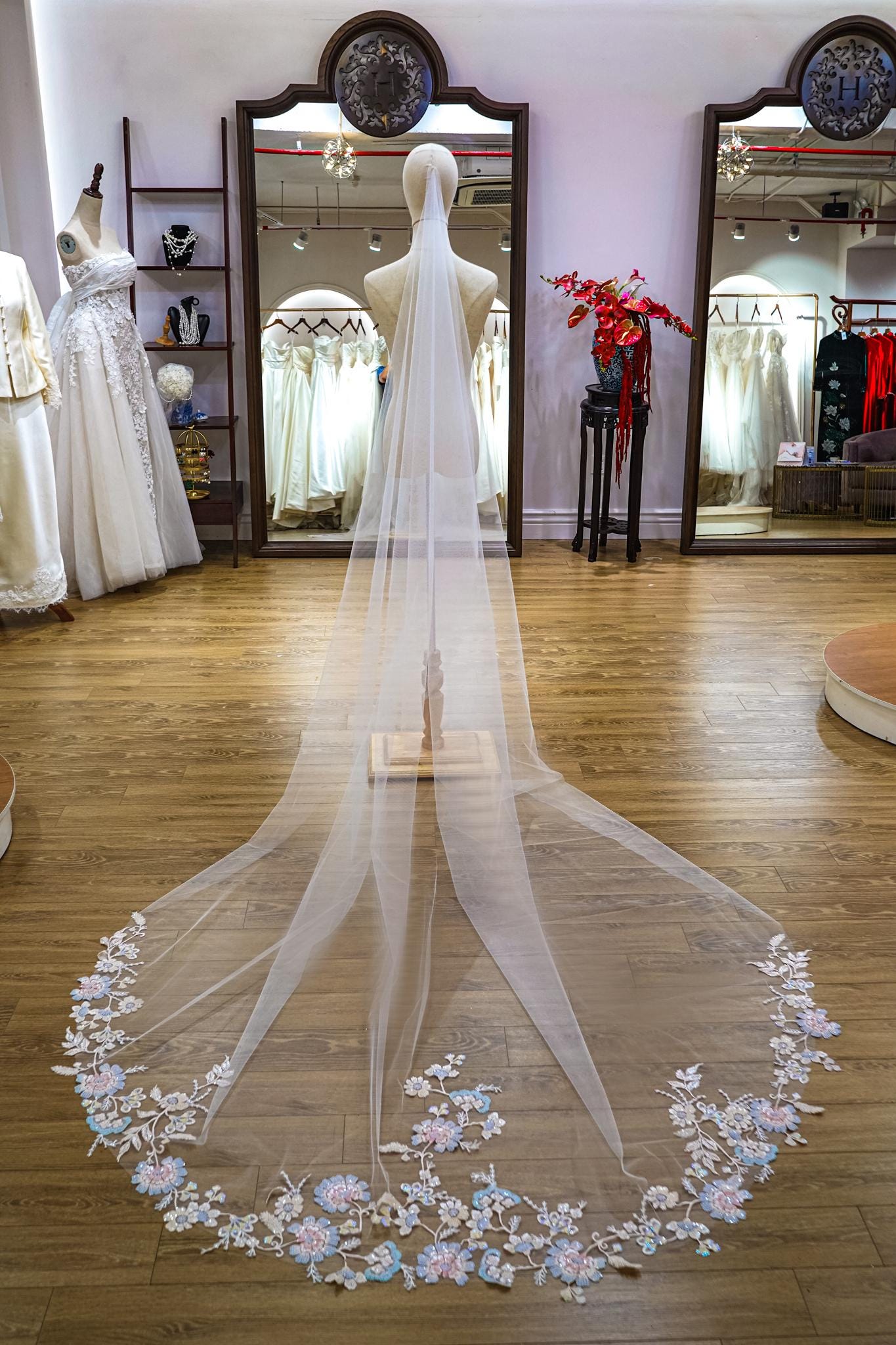 Colorful Botanical Embroidered Veil with Iridescent Sequins