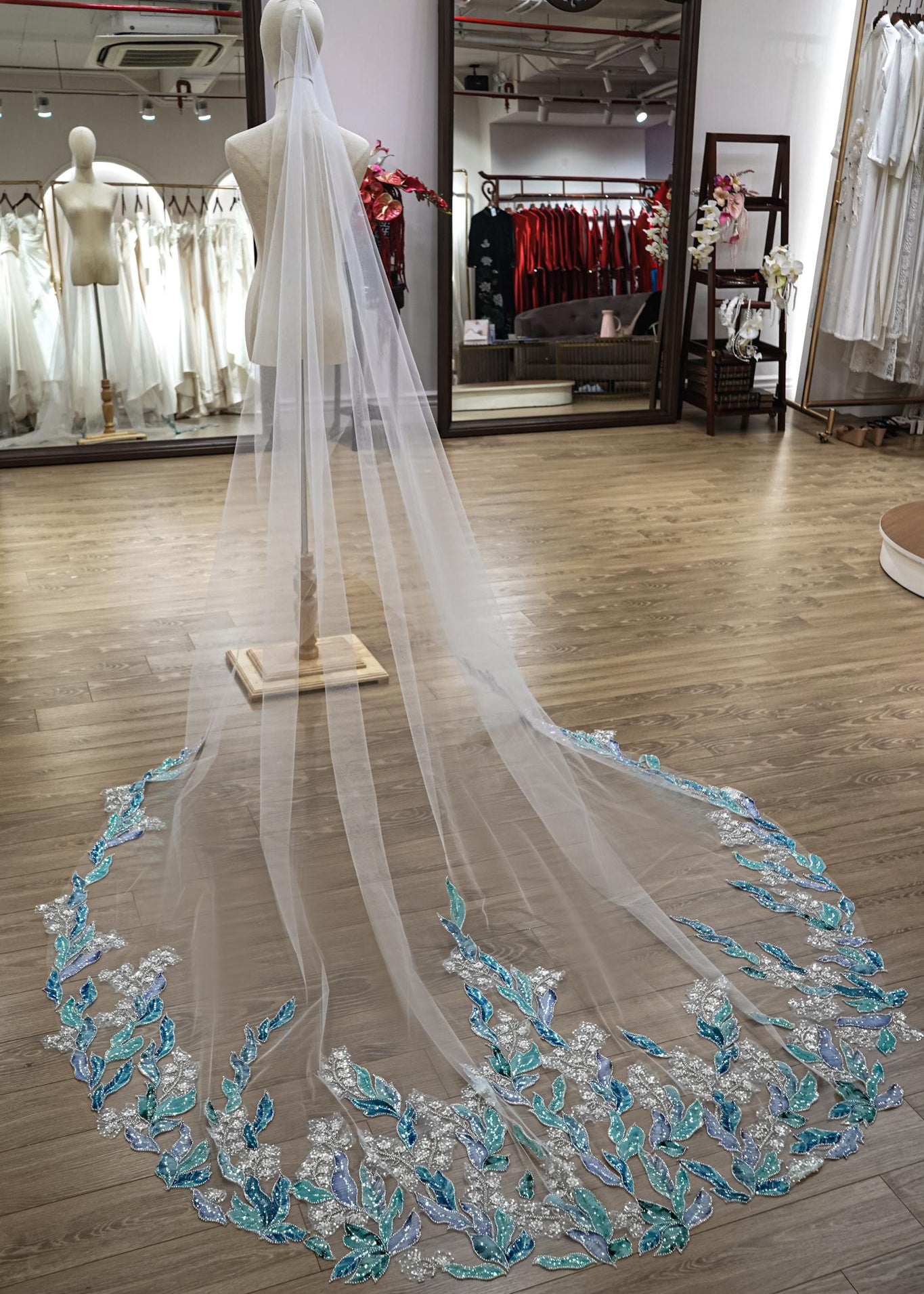Ocean Blue Floral Sequin Wedding Veil – Teal & Silver Cathedral