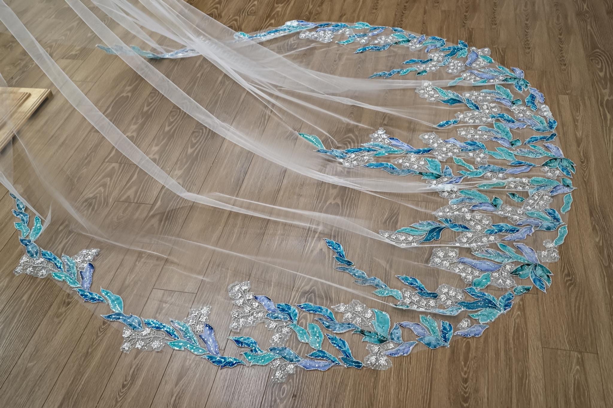 Ocean Blue Floral Sequin Wedding Veil – Teal & Silver Cathedral