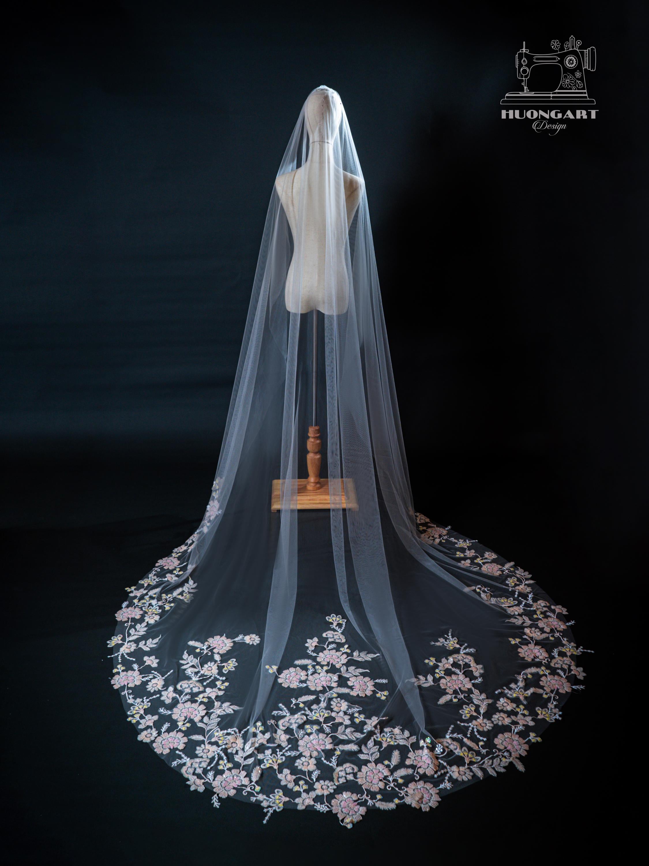 Botanical Sequin Floral Bridal Veil | Pink Cathedral Length