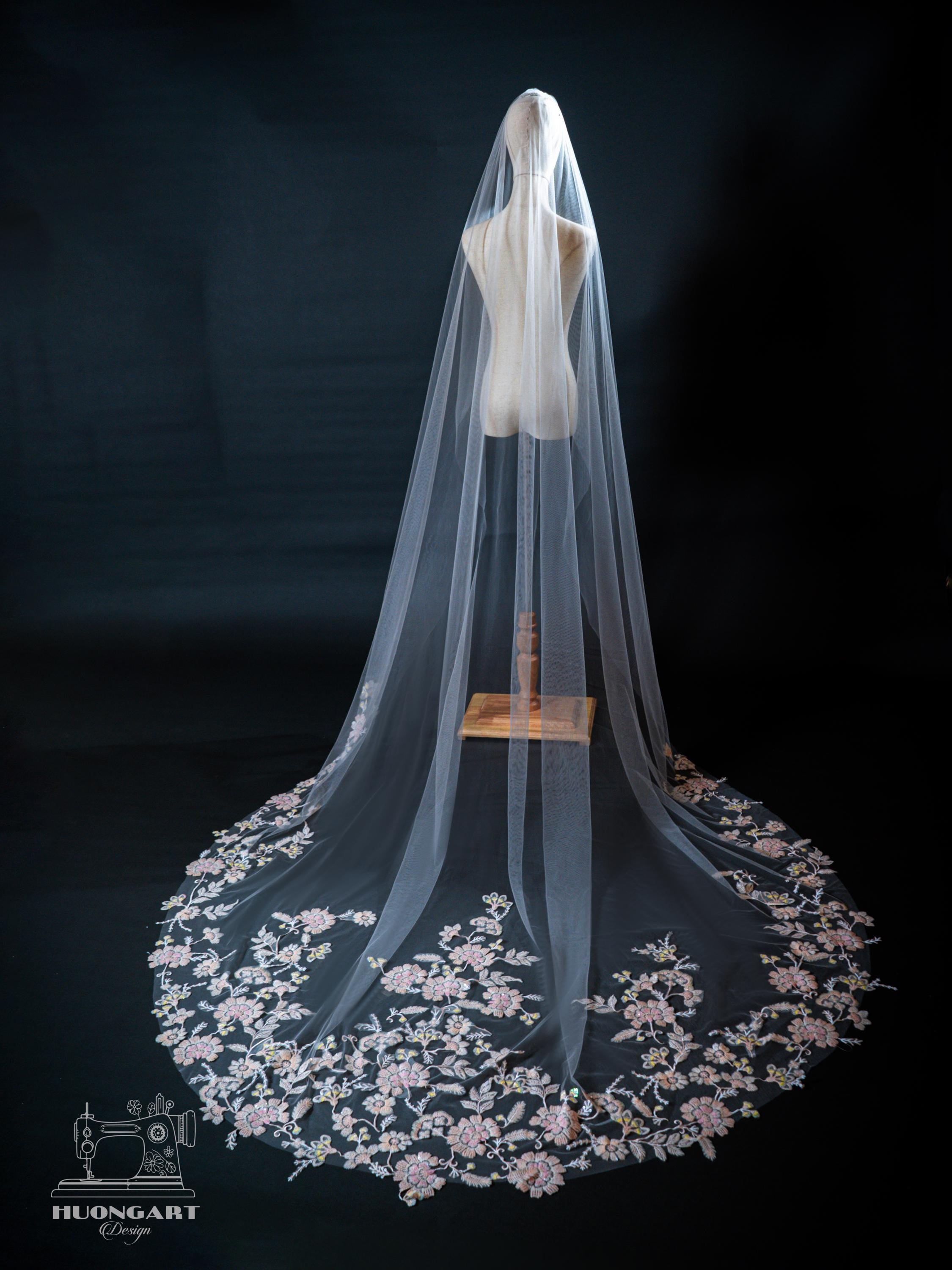 Botanical Sequin Floral Bridal Veil | Pink Cathedral Length