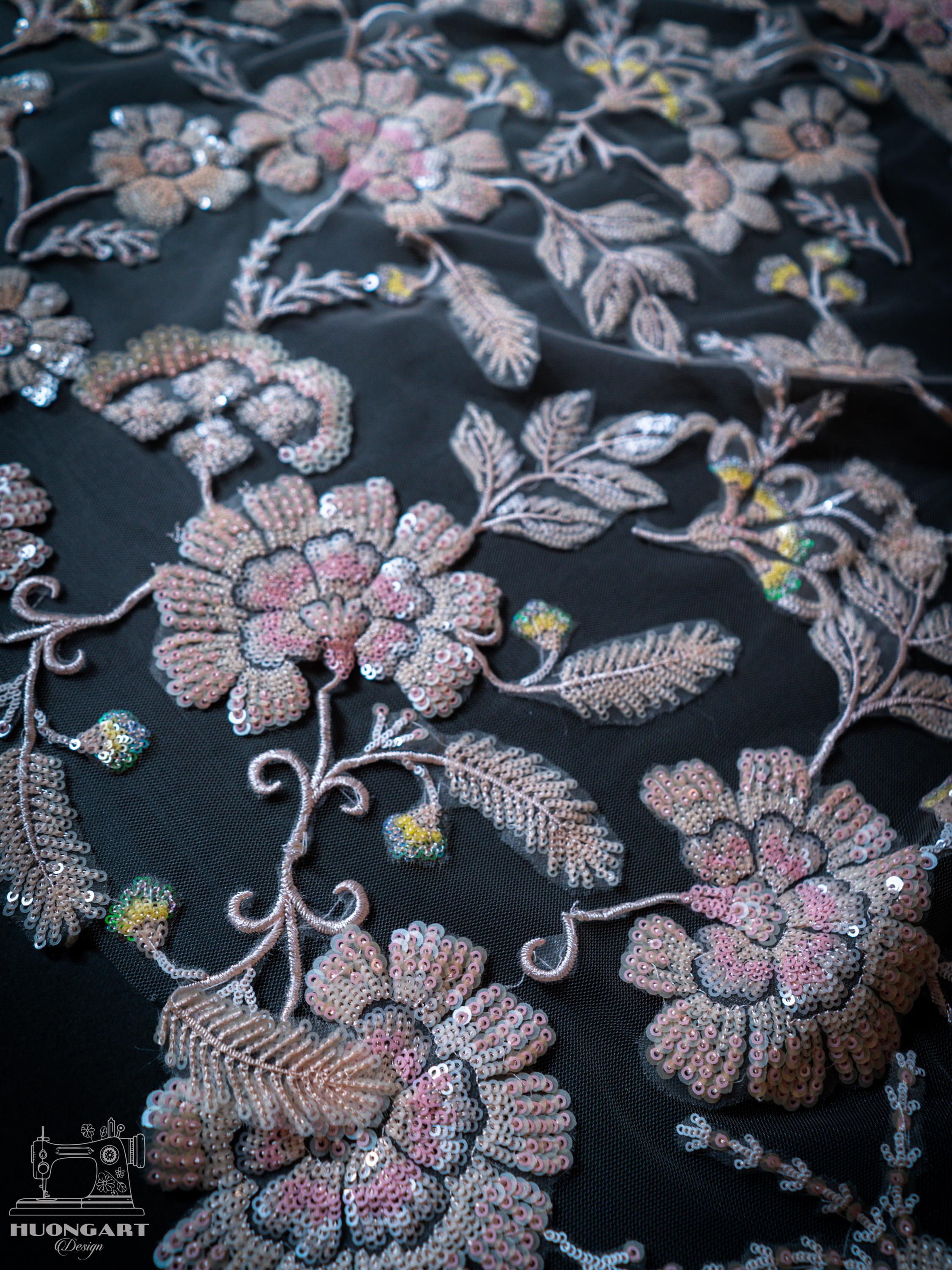 Botanical Sequin Floral Bridal Veil | Pink Cathedral Length