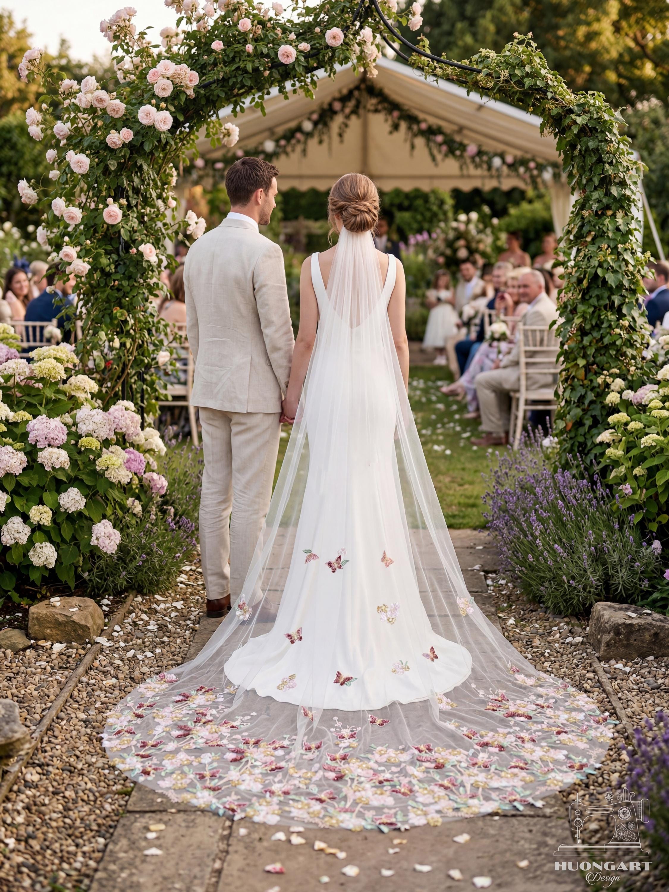 3D Floral & Wildflower Embroidered Veil with Colorful Butterflies