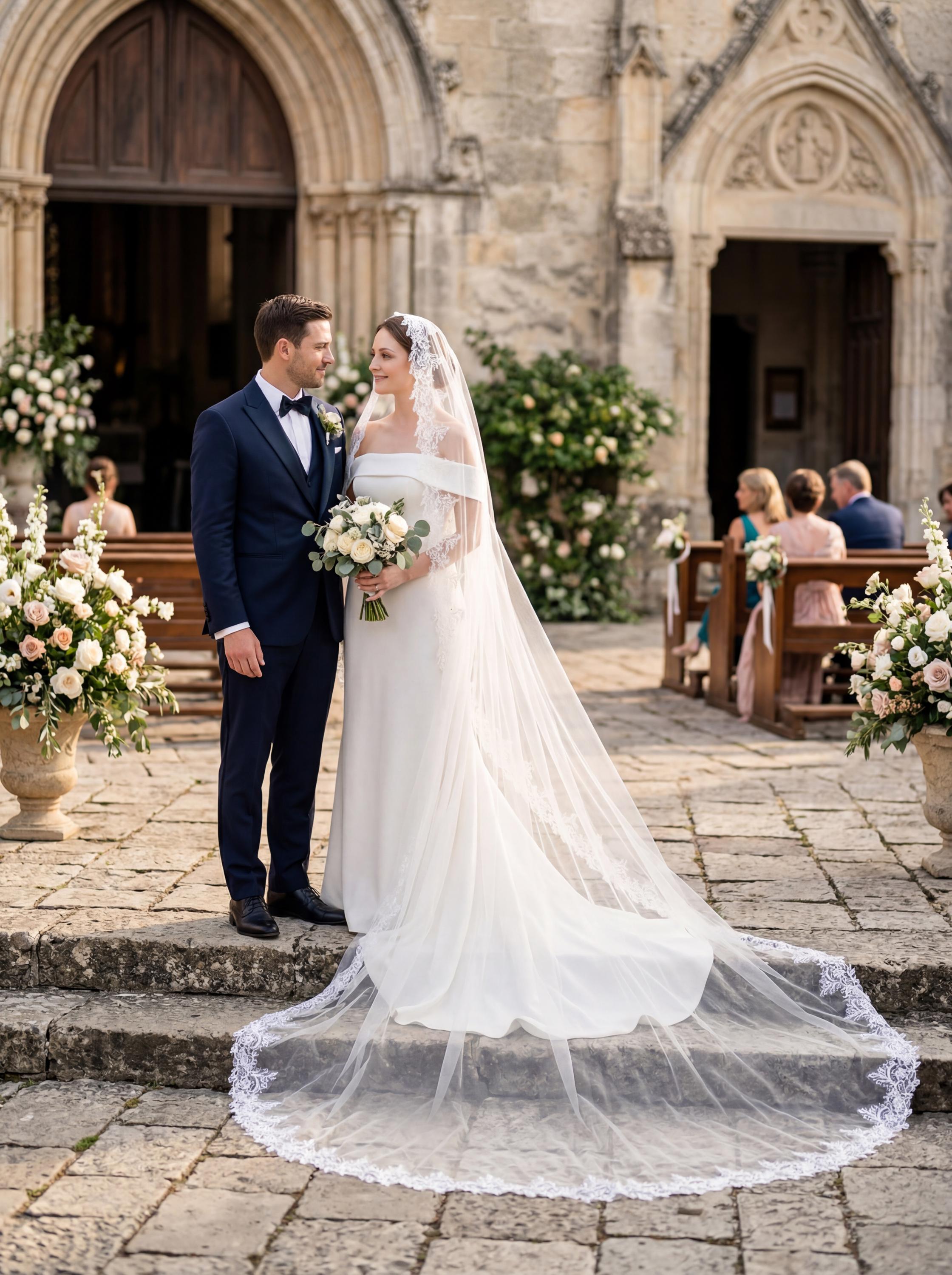Sparkly Floral Embroidered Mantilla Bridal Veil | Scalloped Edge