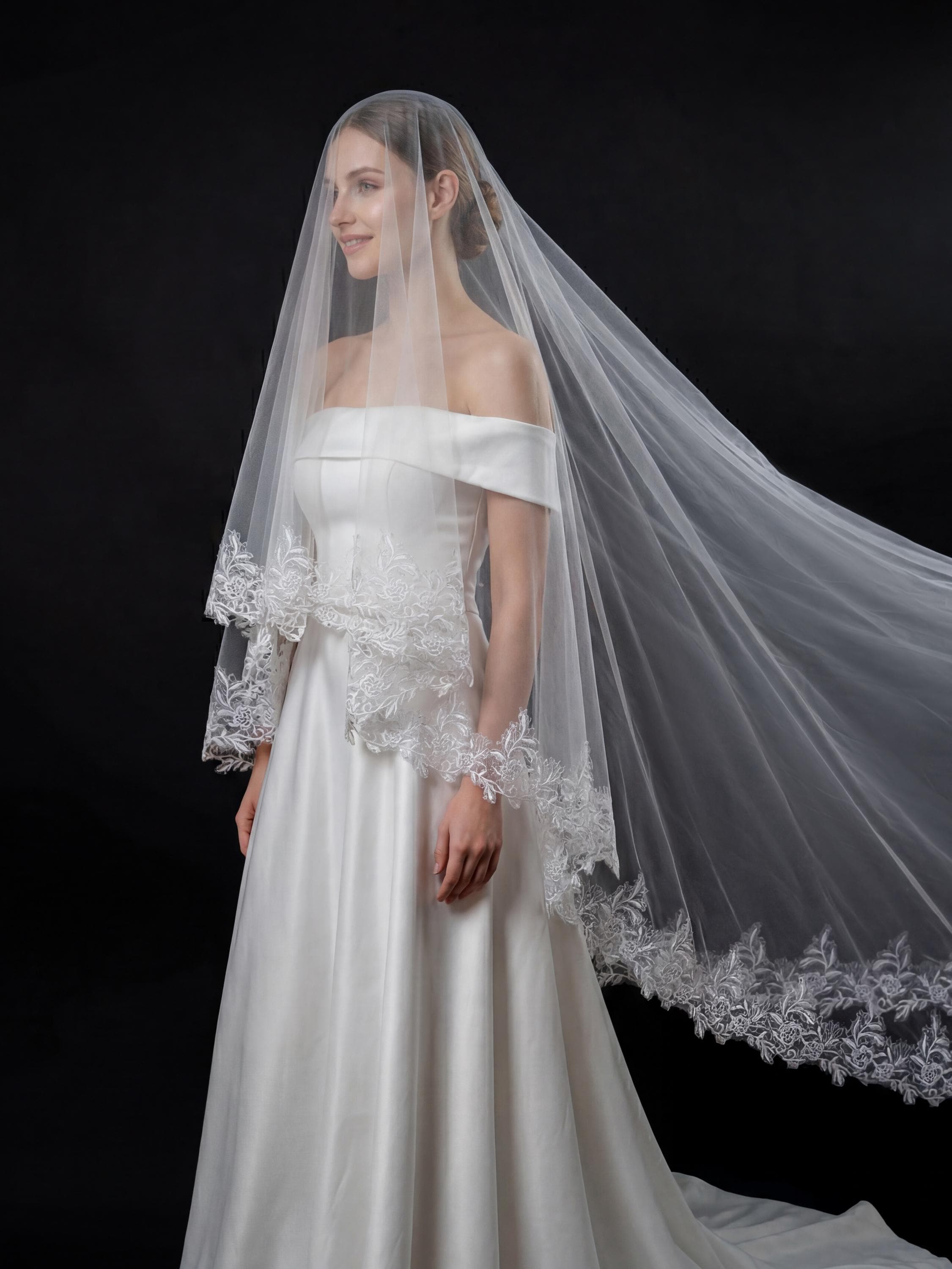 Sparkly Floral Embroidered Mantilla Bridal Veil | Scalloped Edge