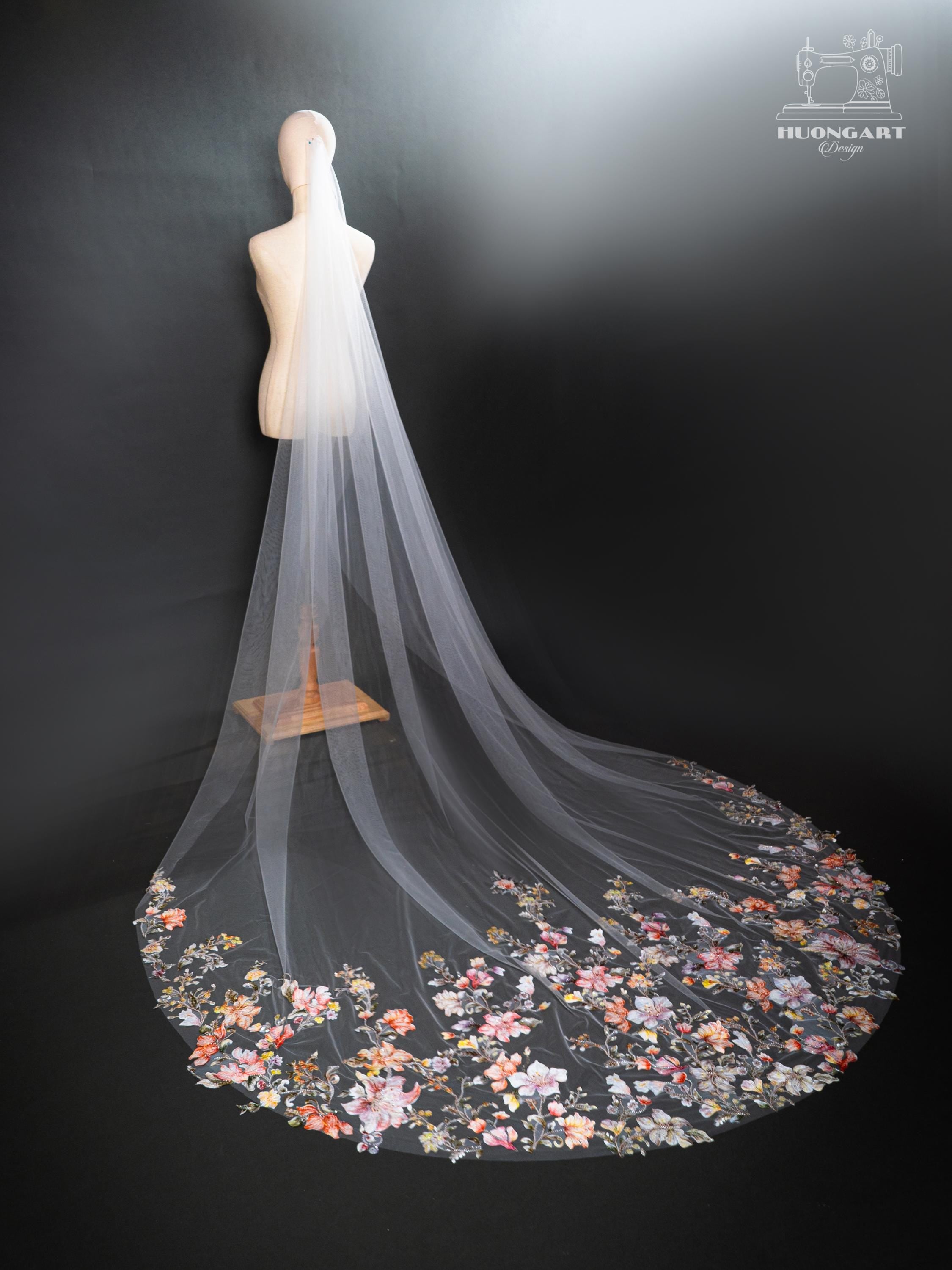 3D Floral & Beaded Cathedral Wedding Veil – Colorful Botanical