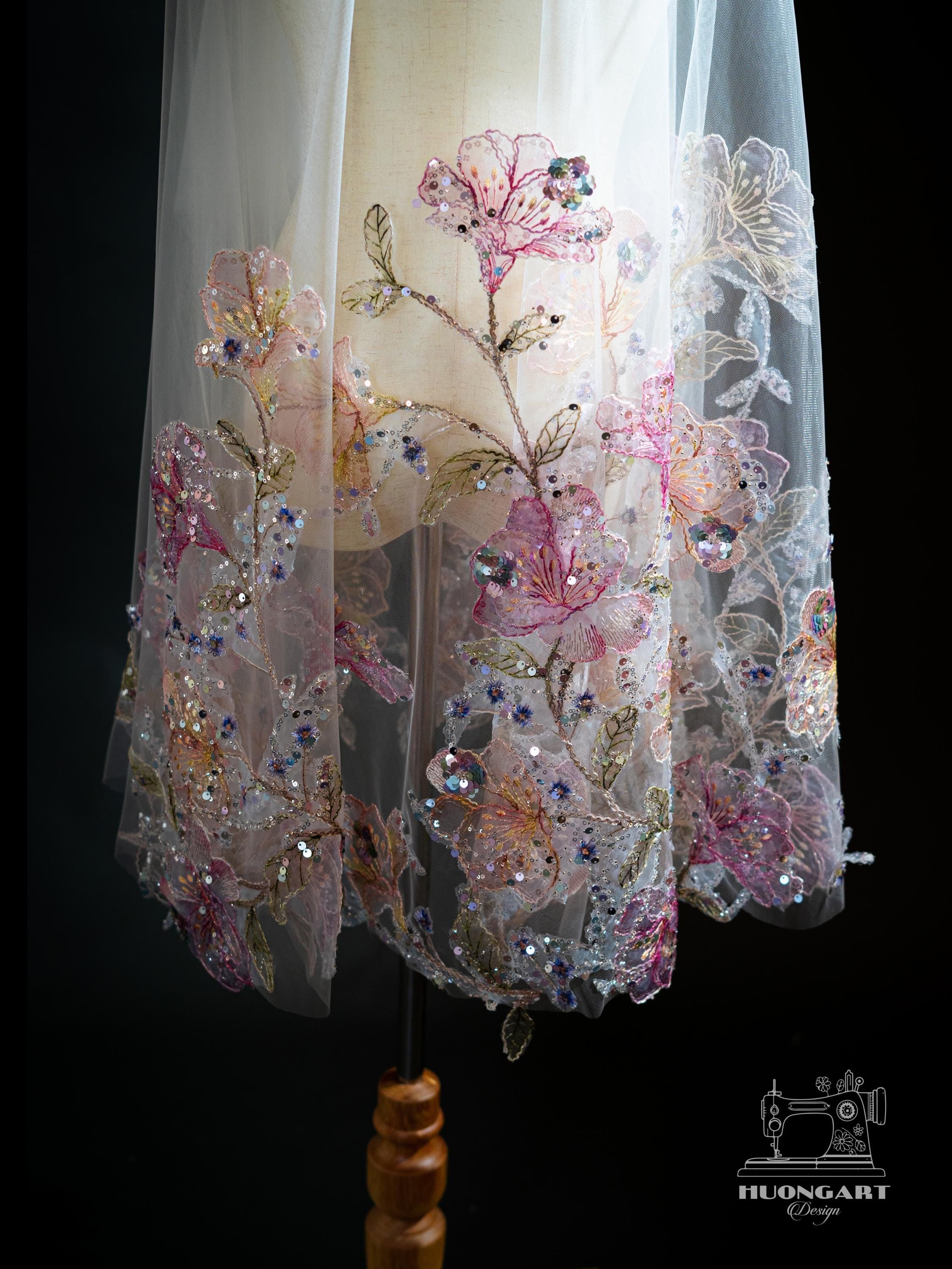 Pastel Floral Embroidered Wedding Veil – Colorful Sequin Cathedral