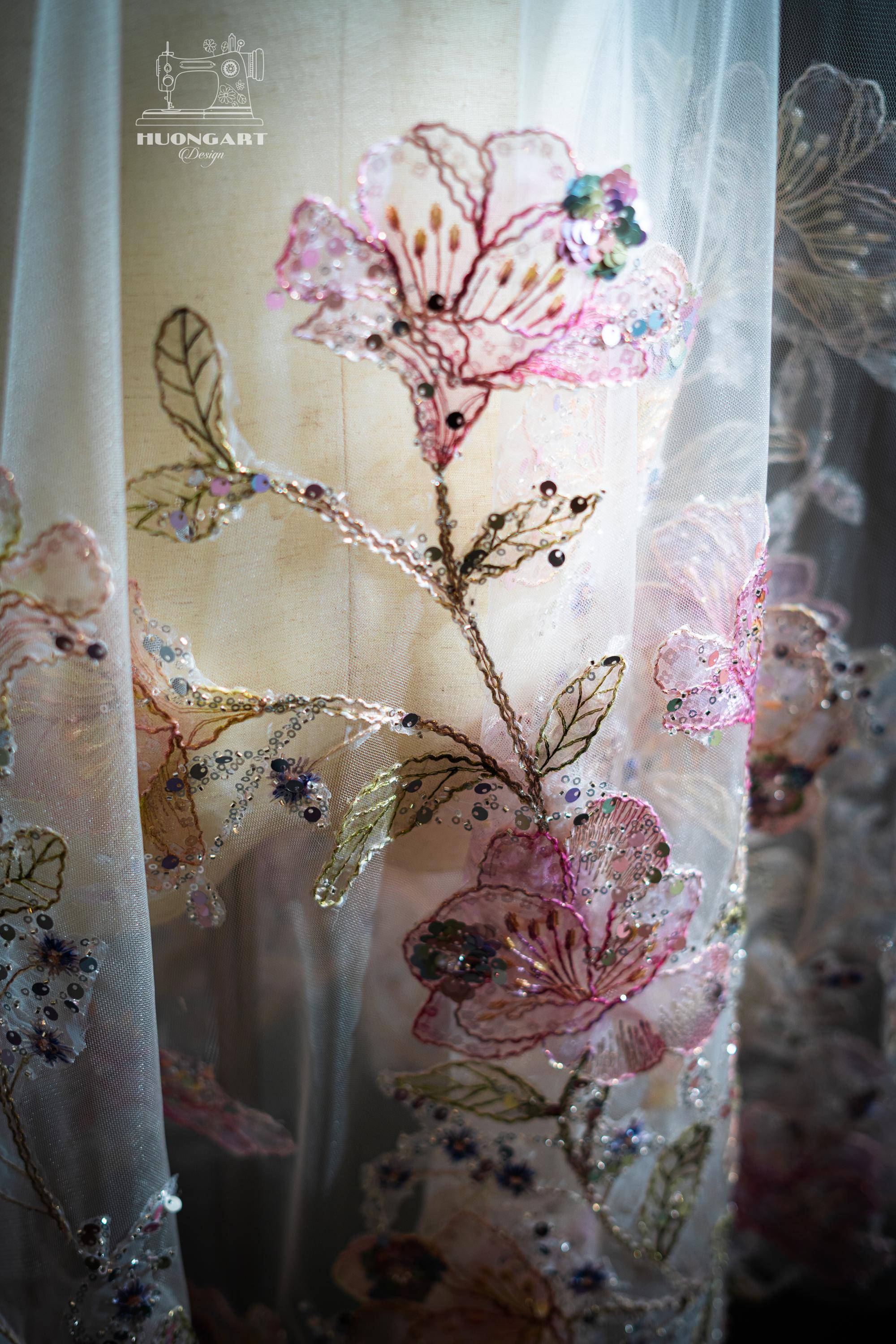 Pastel Floral Embroidered Wedding Veil – Colorful Sequin Cathedral