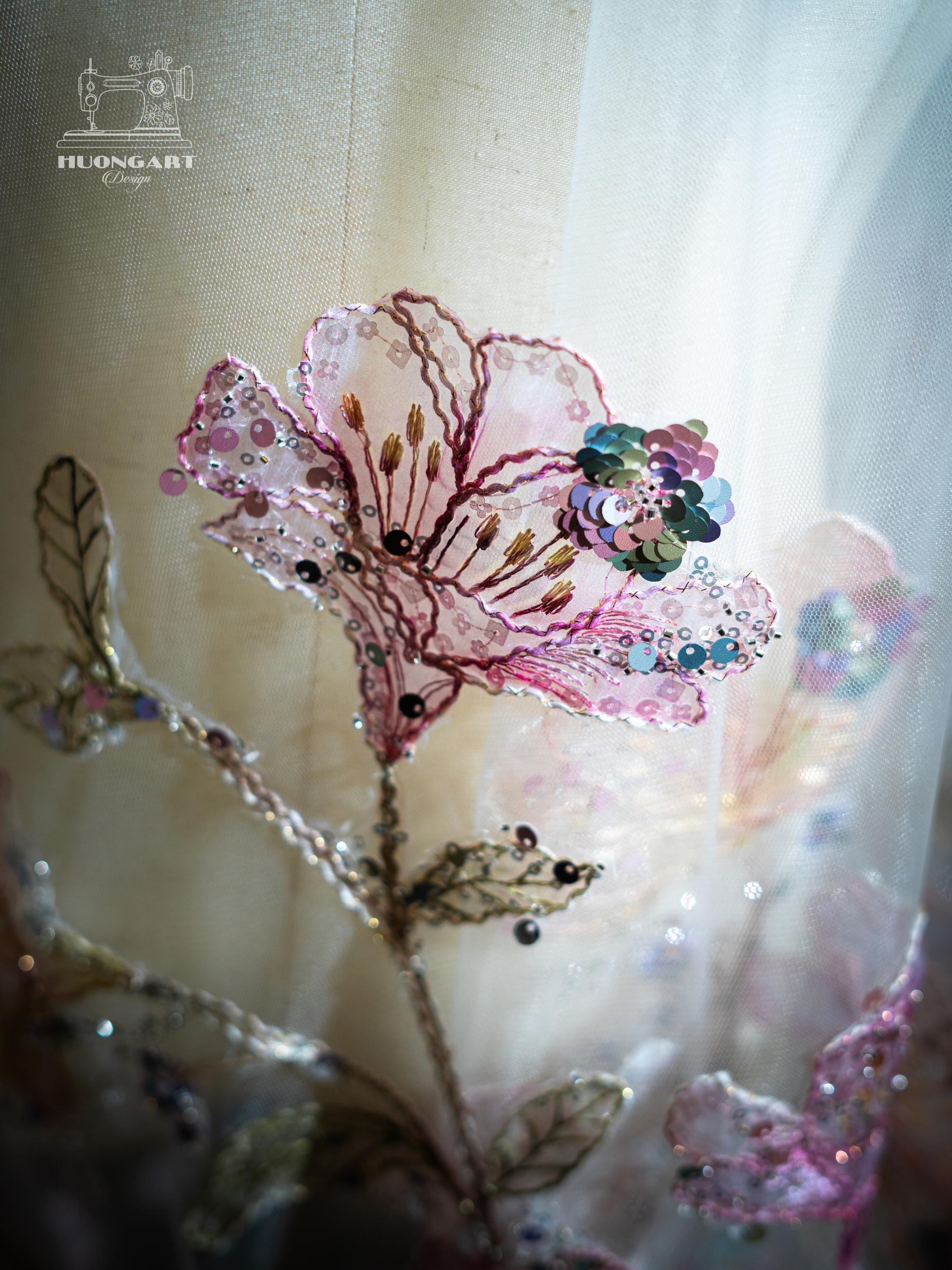 Pastel Floral Embroidered Wedding Veil – Colorful Sequin Cathedral