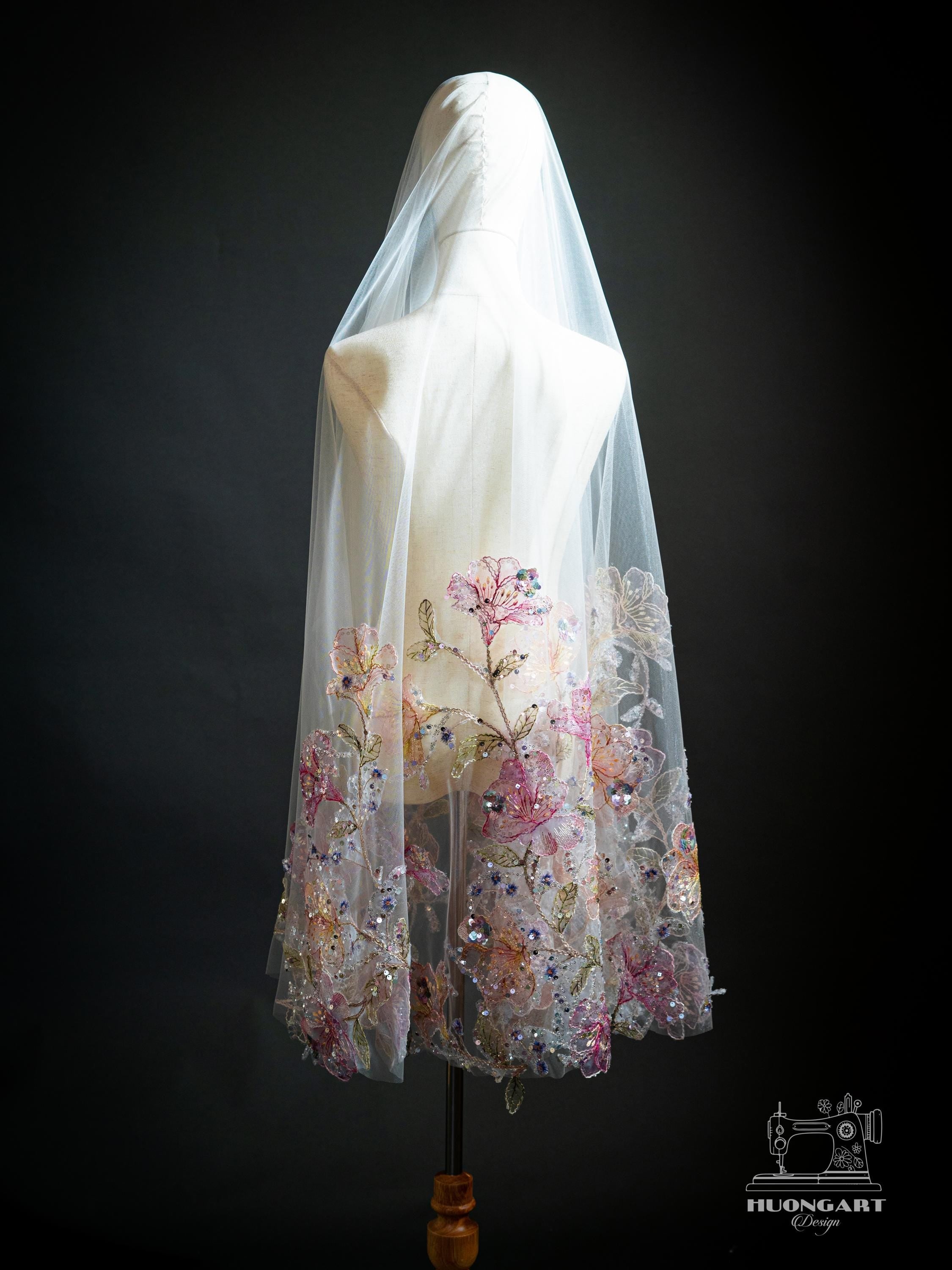 Pastel Floral Embroidered Wedding Veil – Colorful Sequin Cathedral