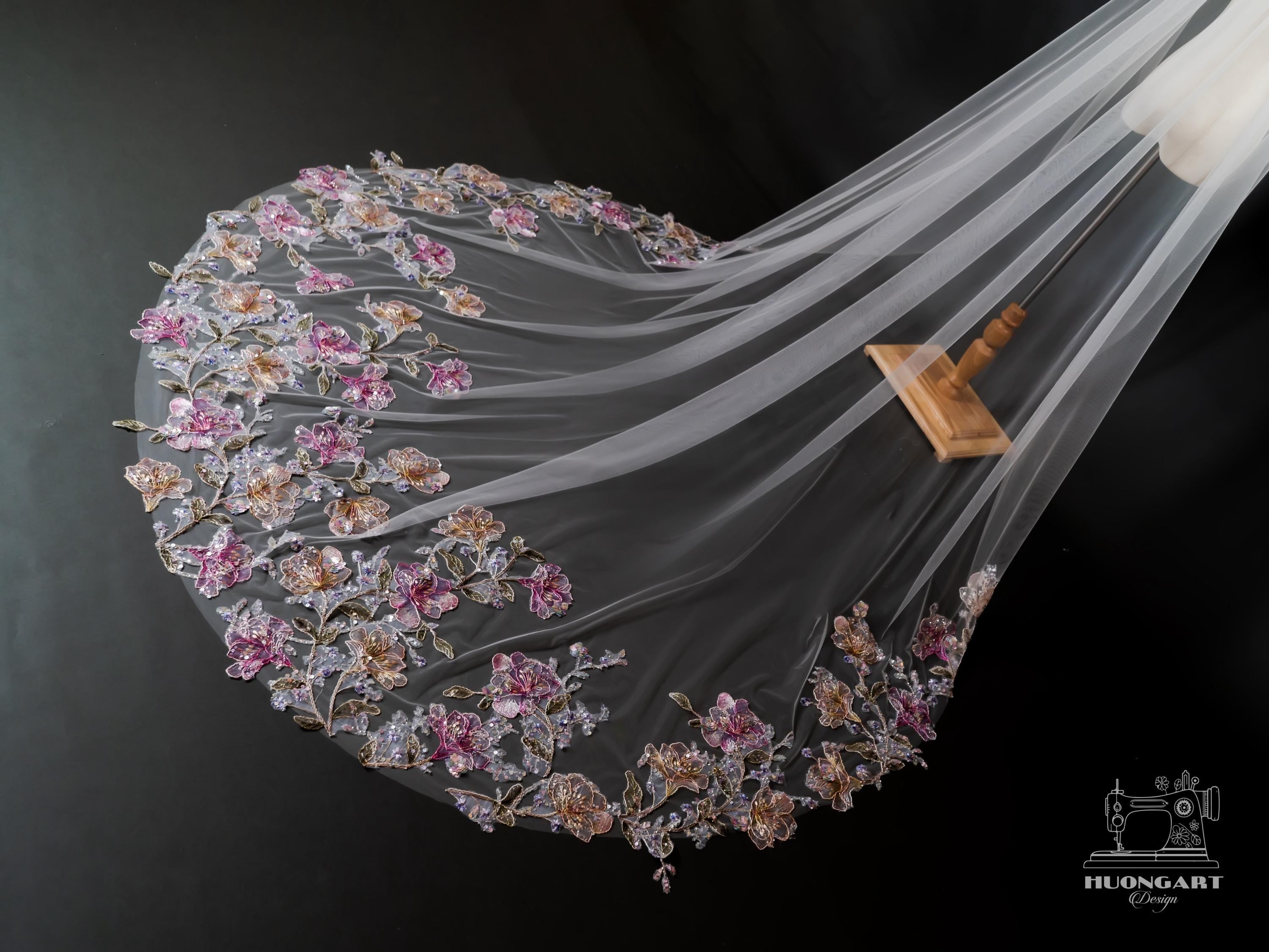 Pastel Floral Embroidered Wedding Veil – Colorful Sequin Cathedral