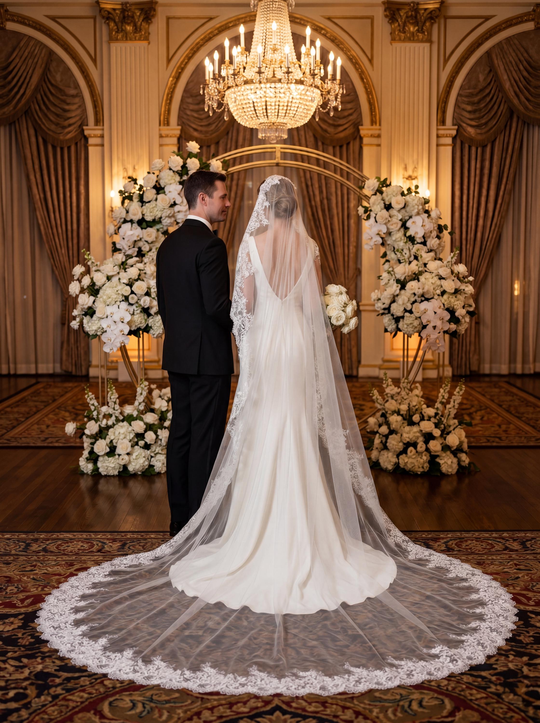 Scalloped Floral Lace Mantilla Bridal Veil | Cathedral Length