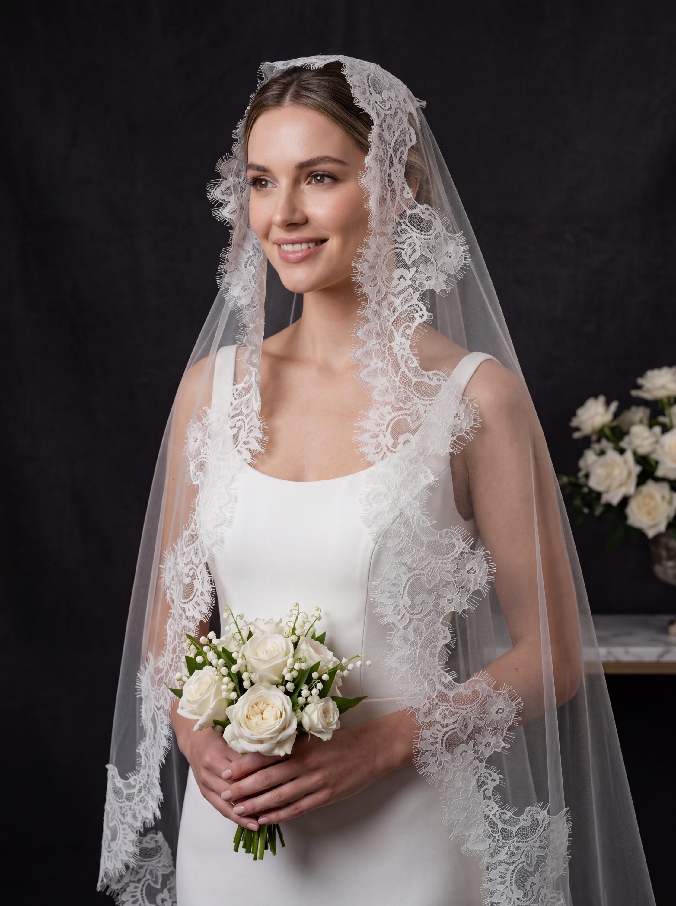 Vintage Chantilly Lace Cathedral Veil – Scalloped Mantilla