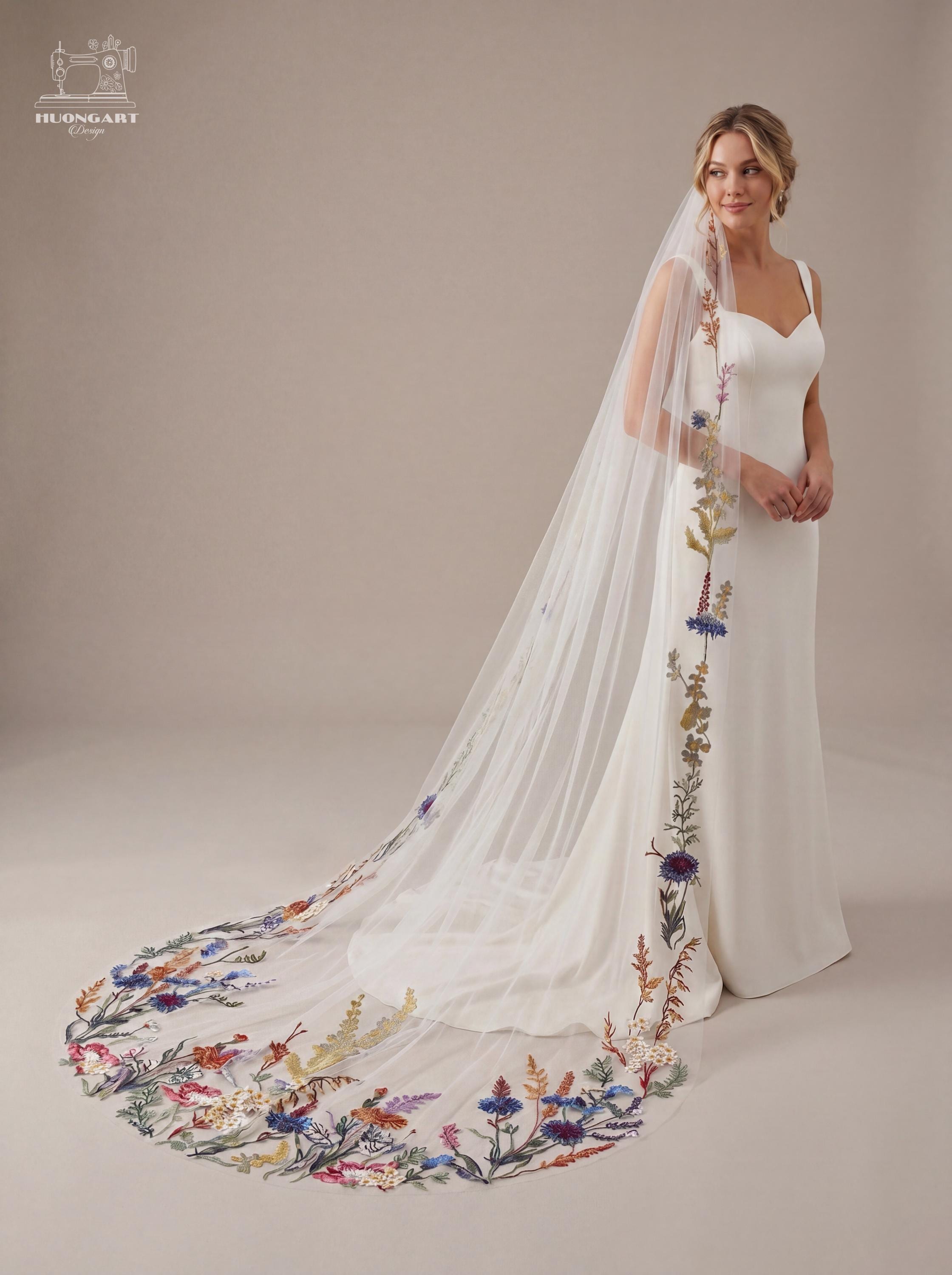 Botanical Meadow Embroidered Bridal Veil | Colorful Wildflower Cathedral