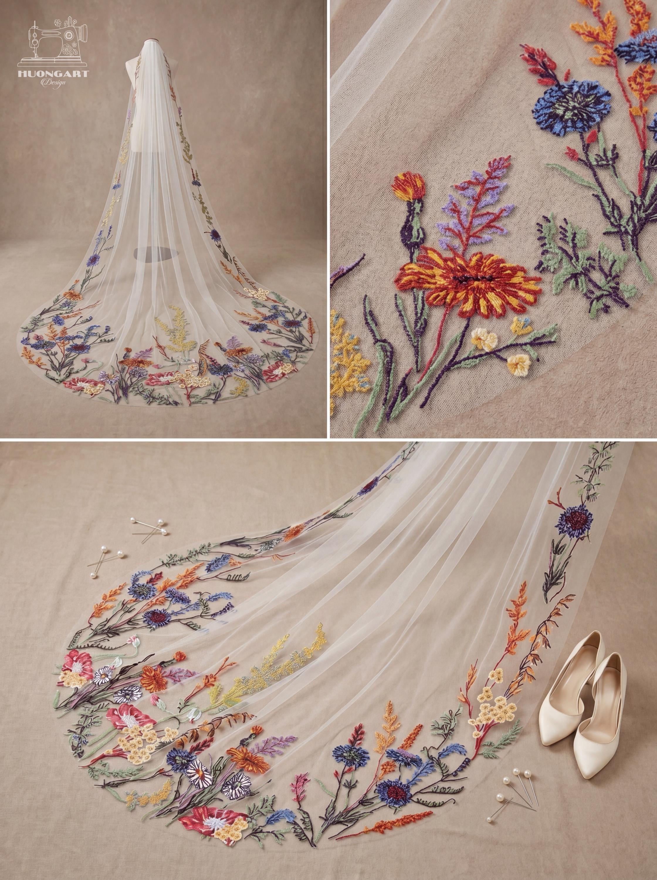 Botanical Meadow Embroidered Bridal Veil | Colorful Wildflower Cathedral