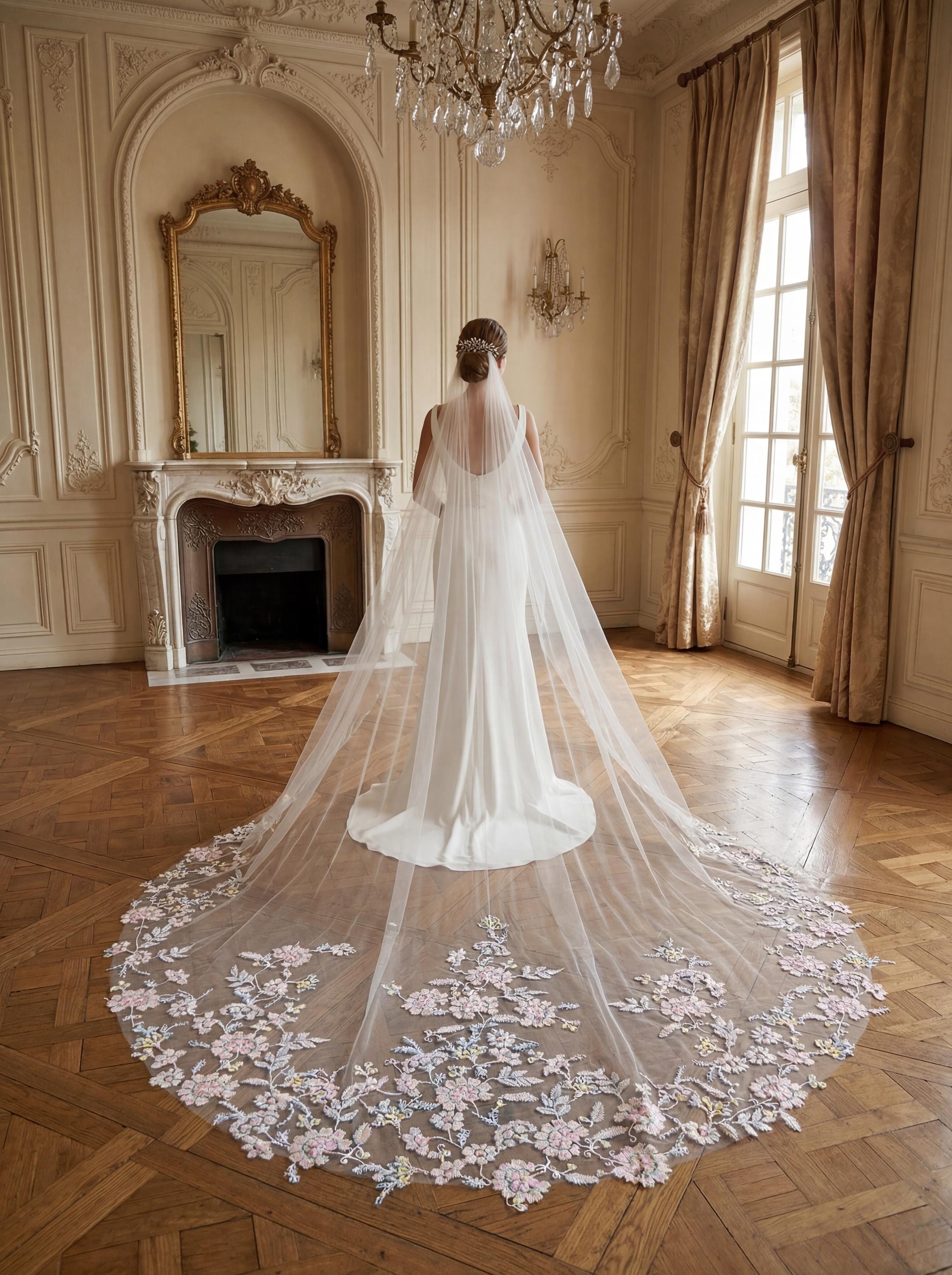 Botanical Sequin Floral Bridal Veil | Pink Cathedral Length