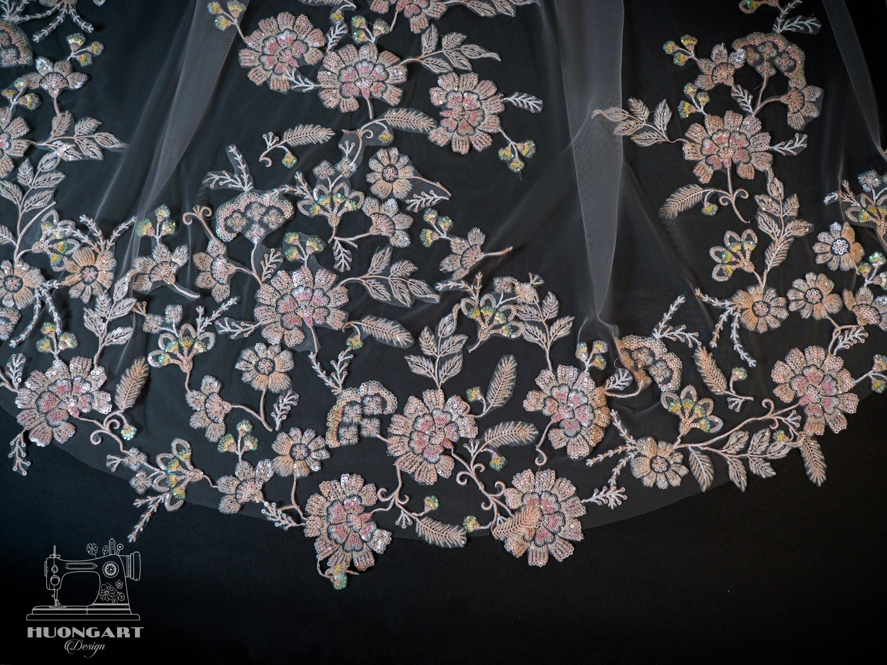 Botanical Sequin Floral Bridal Veil | Pink Cathedral Length