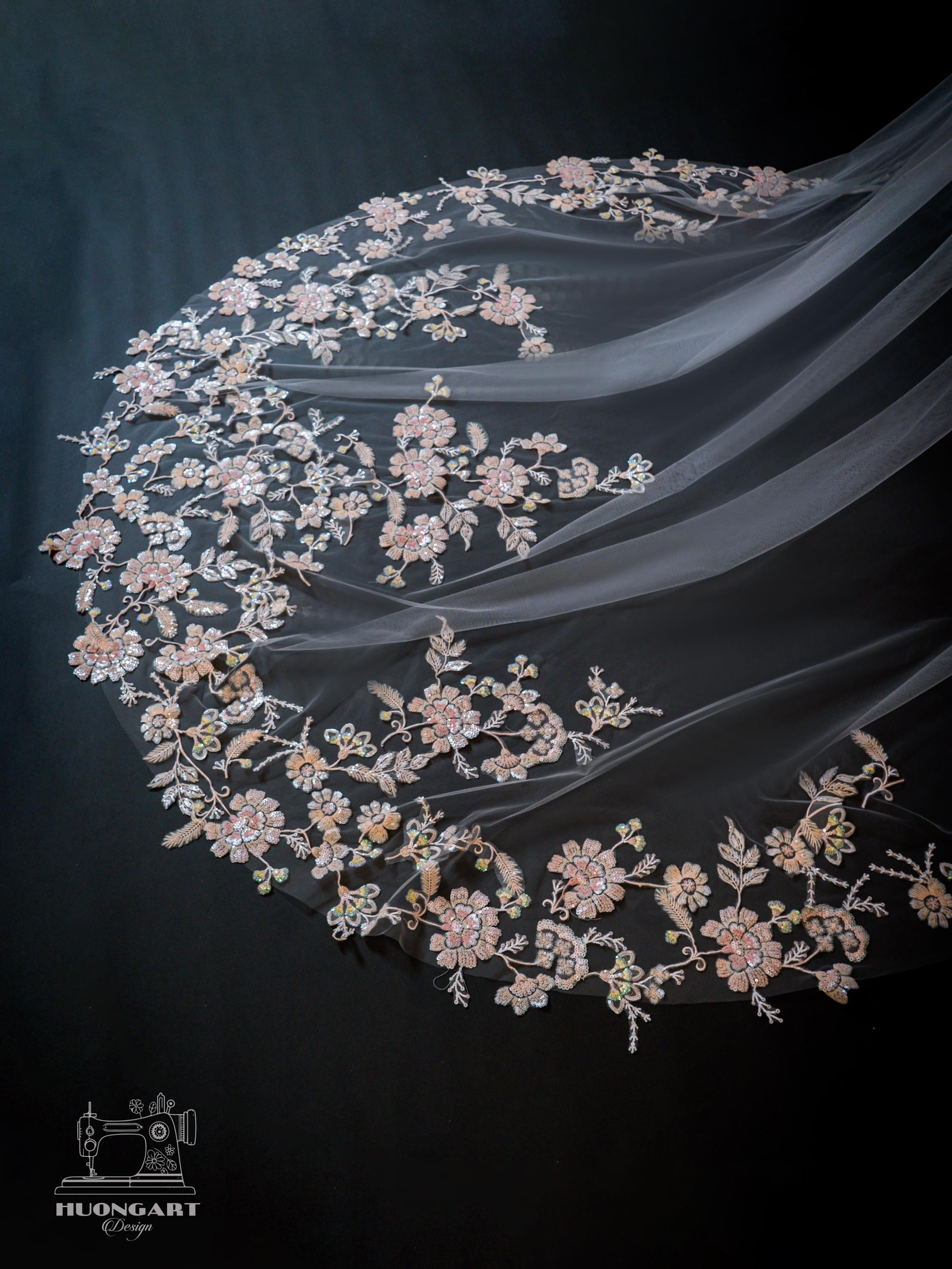 Botanical Sequin Floral Bridal Veil | Pink Cathedral Length