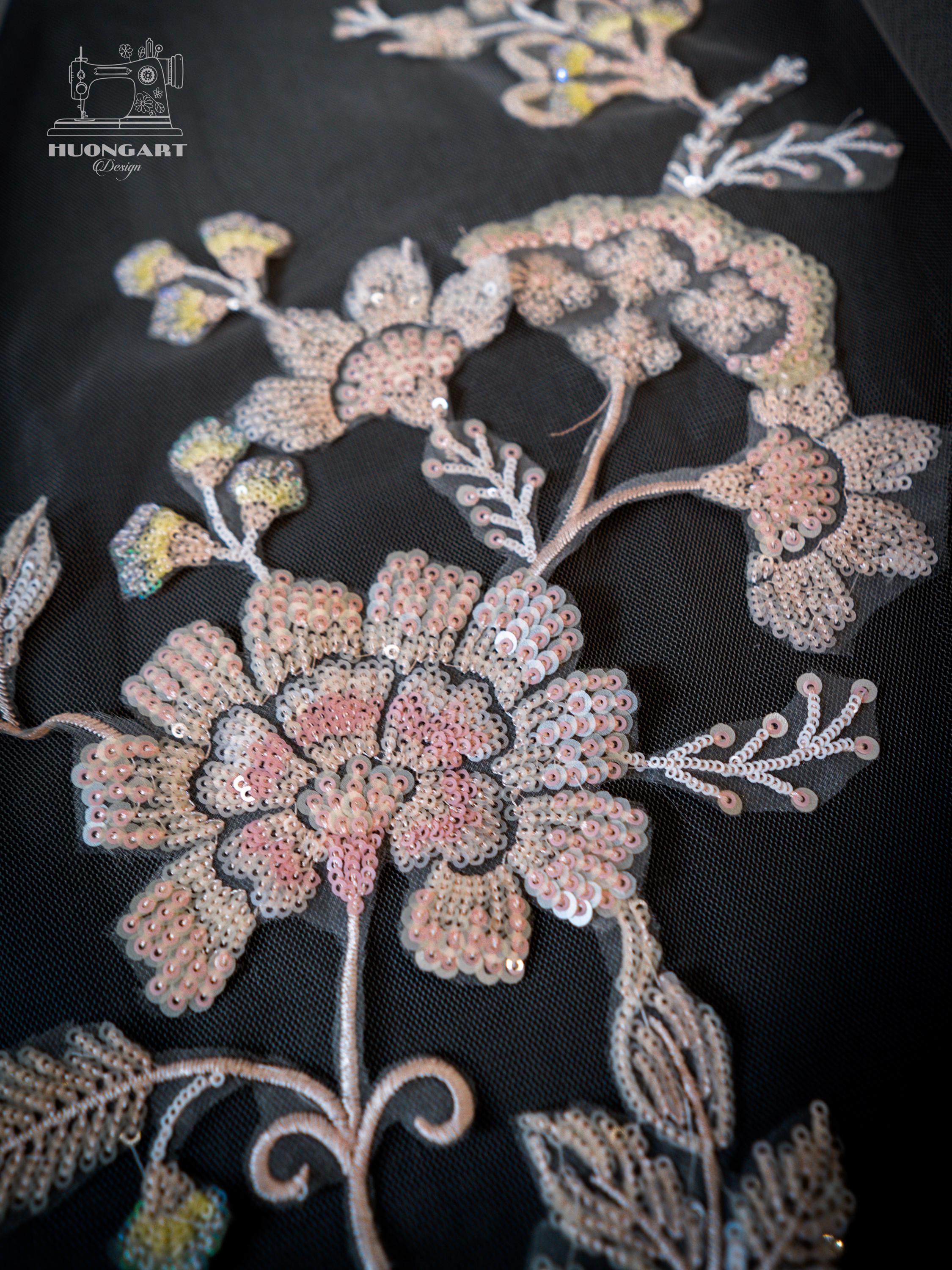 Botanical Sequin Floral Bridal Veil | Pink Cathedral Length