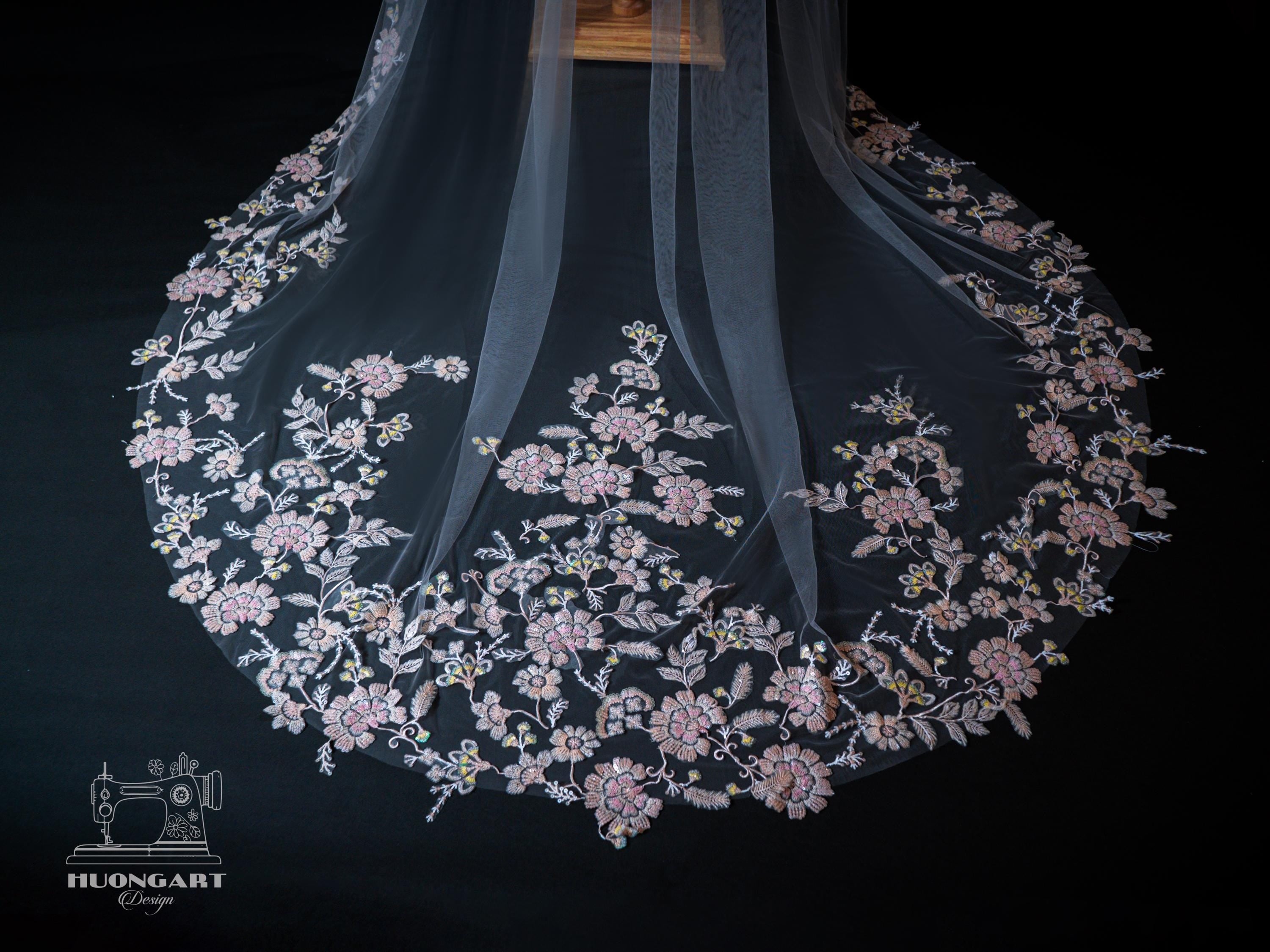 Botanical Sequin Floral Bridal Veil | Pink Cathedral Length