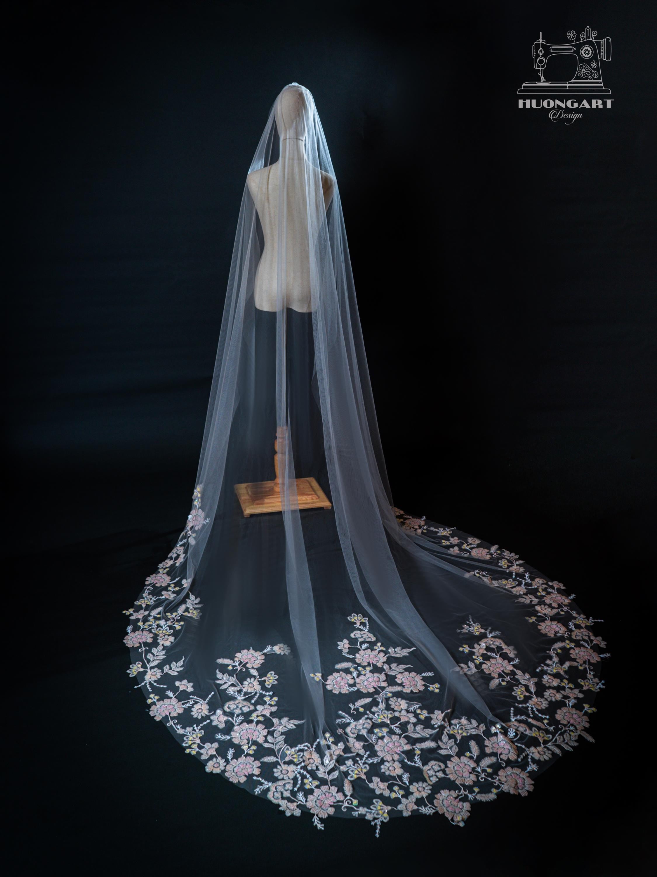 Botanical Sequin Floral Bridal Veil | Pink Cathedral Length