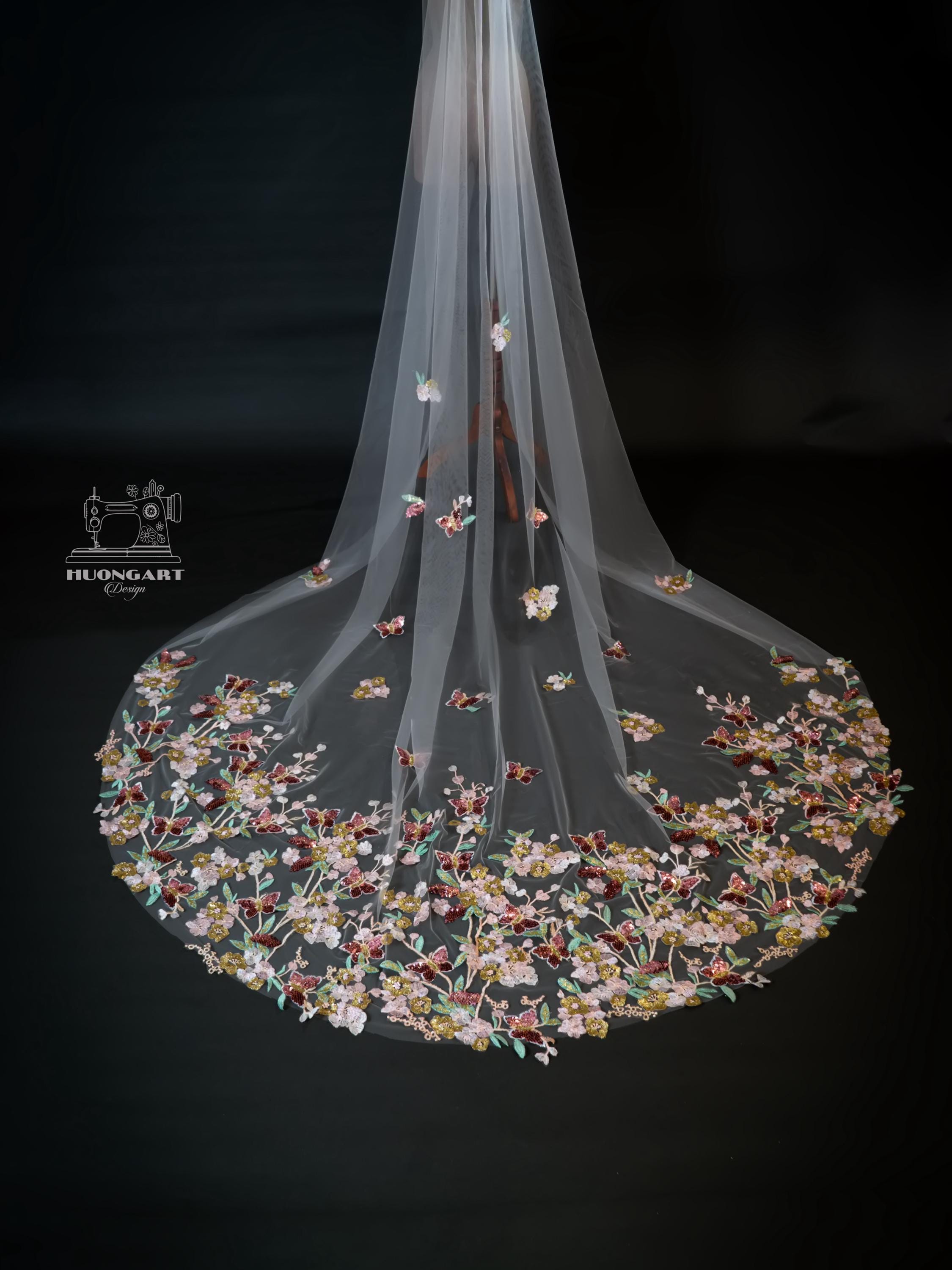 3D Floral & Wildflower Embroidered Veil with Colorful Butterflies