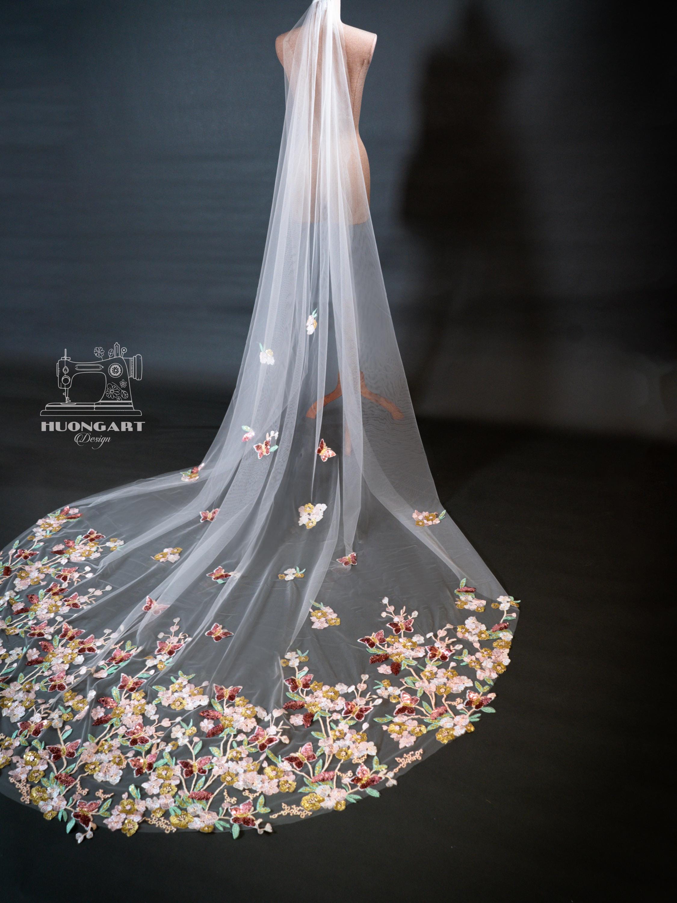 3D Floral & Wildflower Embroidered Veil with Colorful Butterflies
