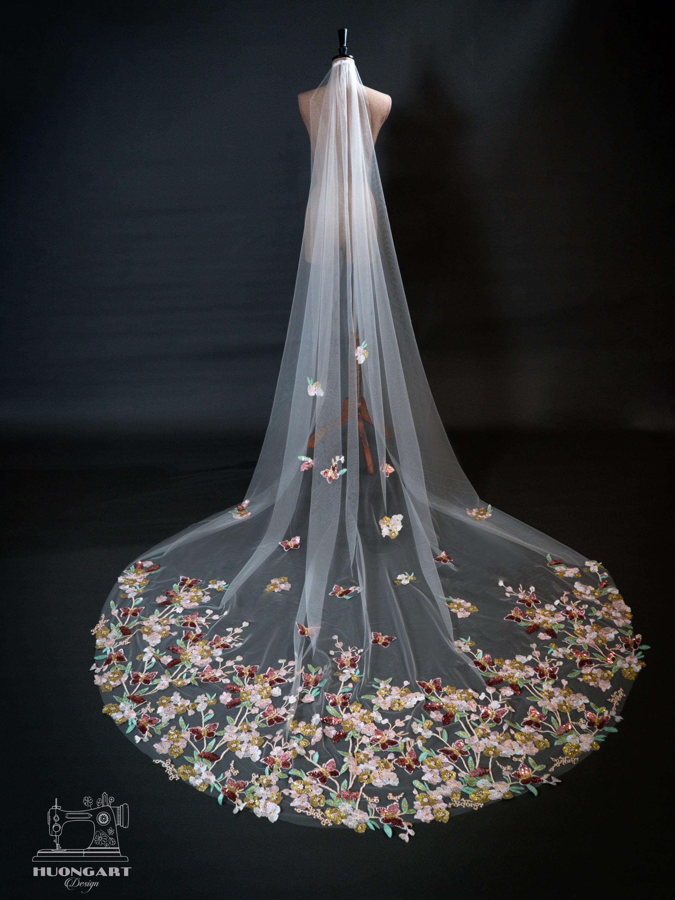 3D Floral & Wildflower Embroidered Veil with Colorful Butterflies