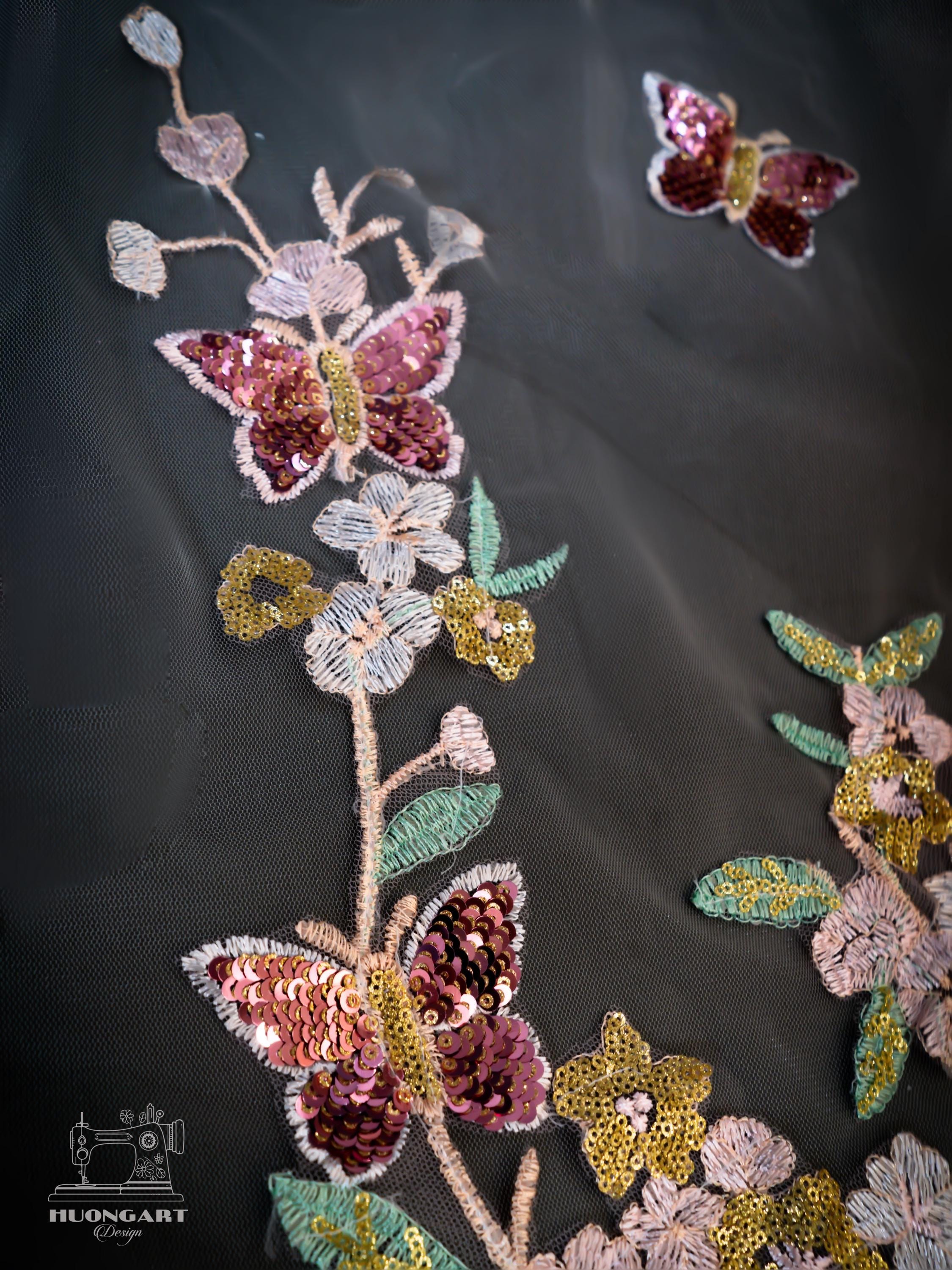 3D Floral & Wildflower Embroidered Veil with Colorful Butterflies