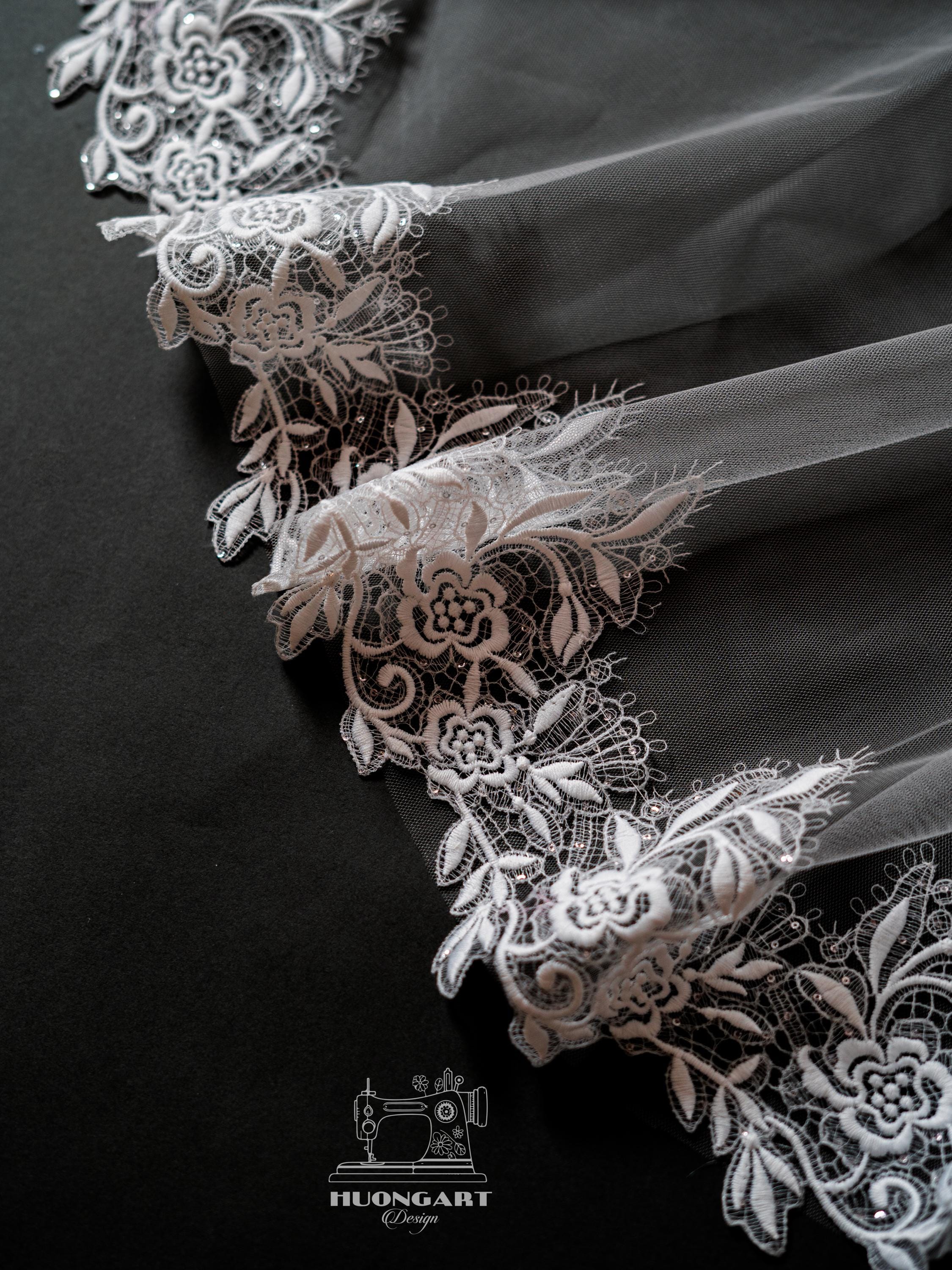 Sparkly Floral Embroidered Mantilla Bridal Veil | Scalloped Edge