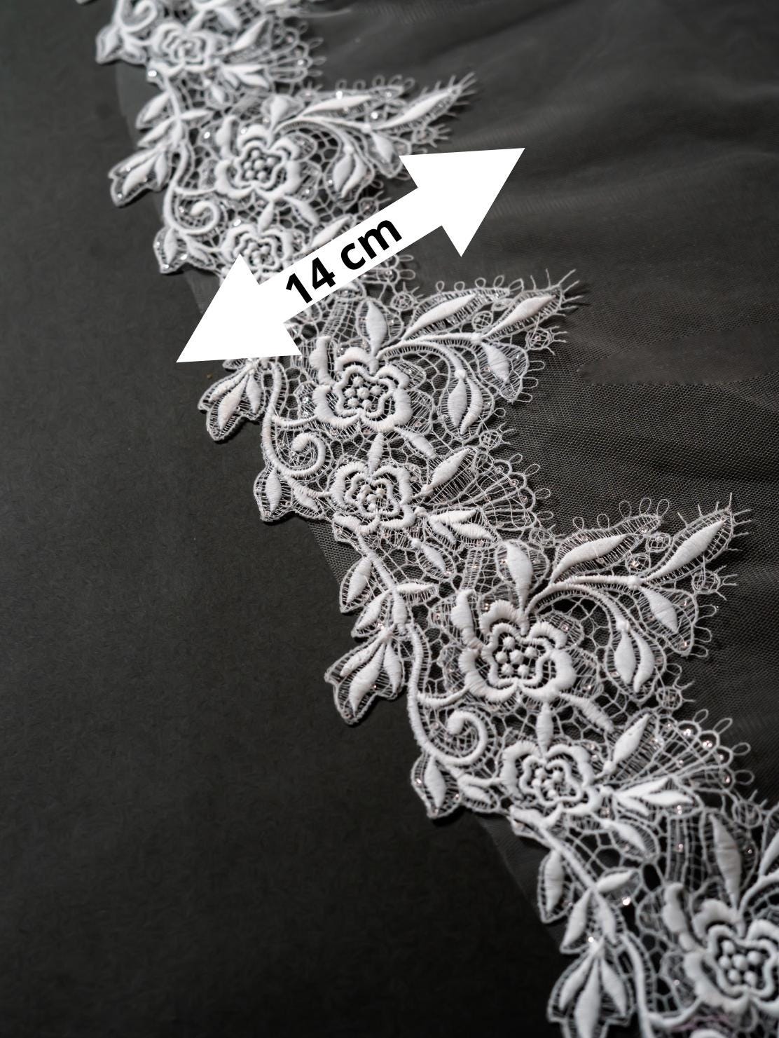 Sparkly Floral Embroidered Mantilla Bridal Veil | Scalloped Edge