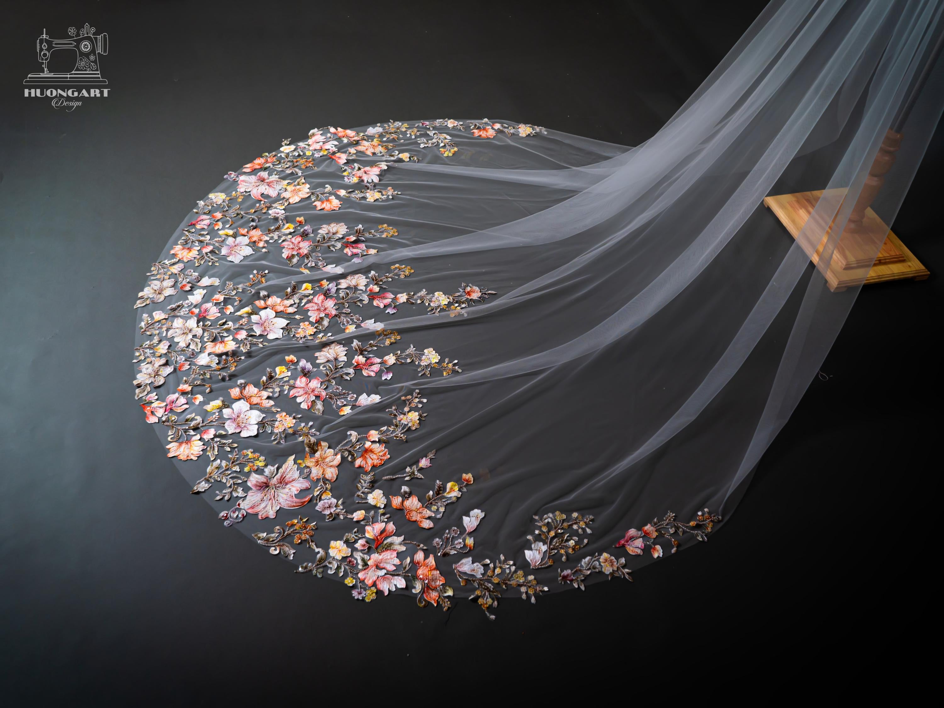 3D Floral & Beaded Cathedral Wedding Veil – Colorful Botanical