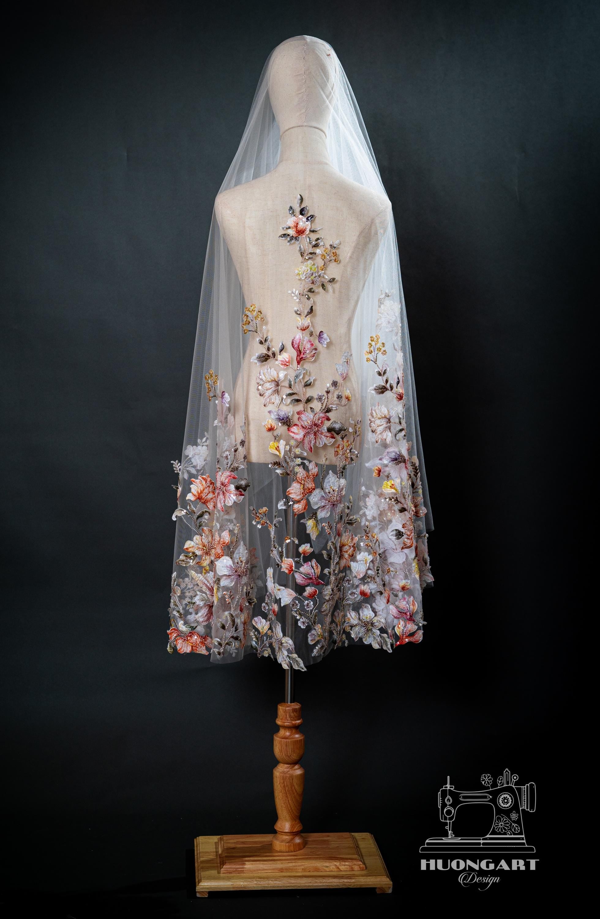 3D Floral & Beaded Cathedral Wedding Veil – Colorful Botanical